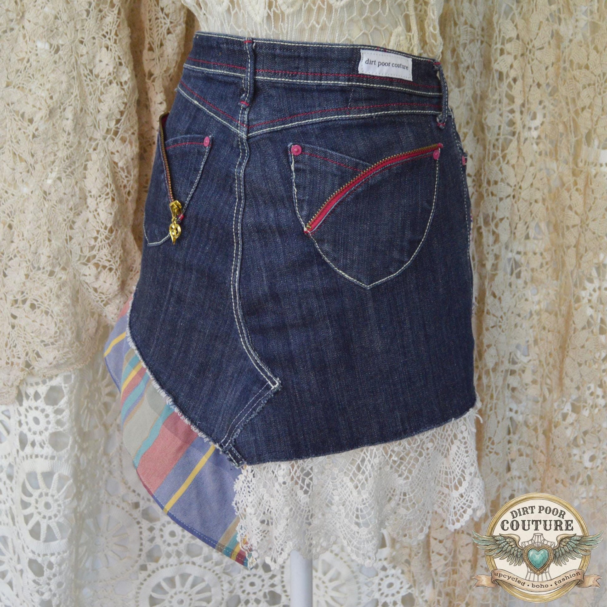 Upcycled Denim Mini Skirt, Boho Patchwork, Plaid Floral Appliques, Vintage Lace, Size 7, Scrappy Custom Jean Skirt