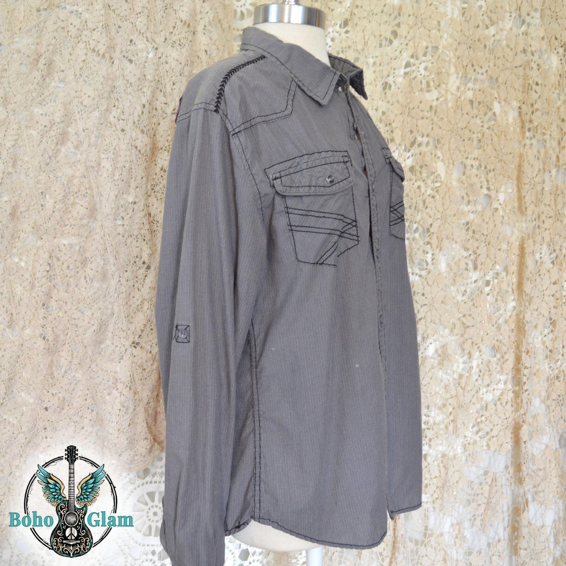 Upcycled Charcoal Gray Corduroy Shirt – Pink Black Filigree Rhinestone Graphic, Boho Glam Cowboy Style