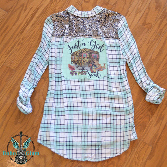 Back Close-up: Close-up of the back graphic featuring a leopard print camper and the text Just a Girl with a Gypsy Soul below silver sequins.