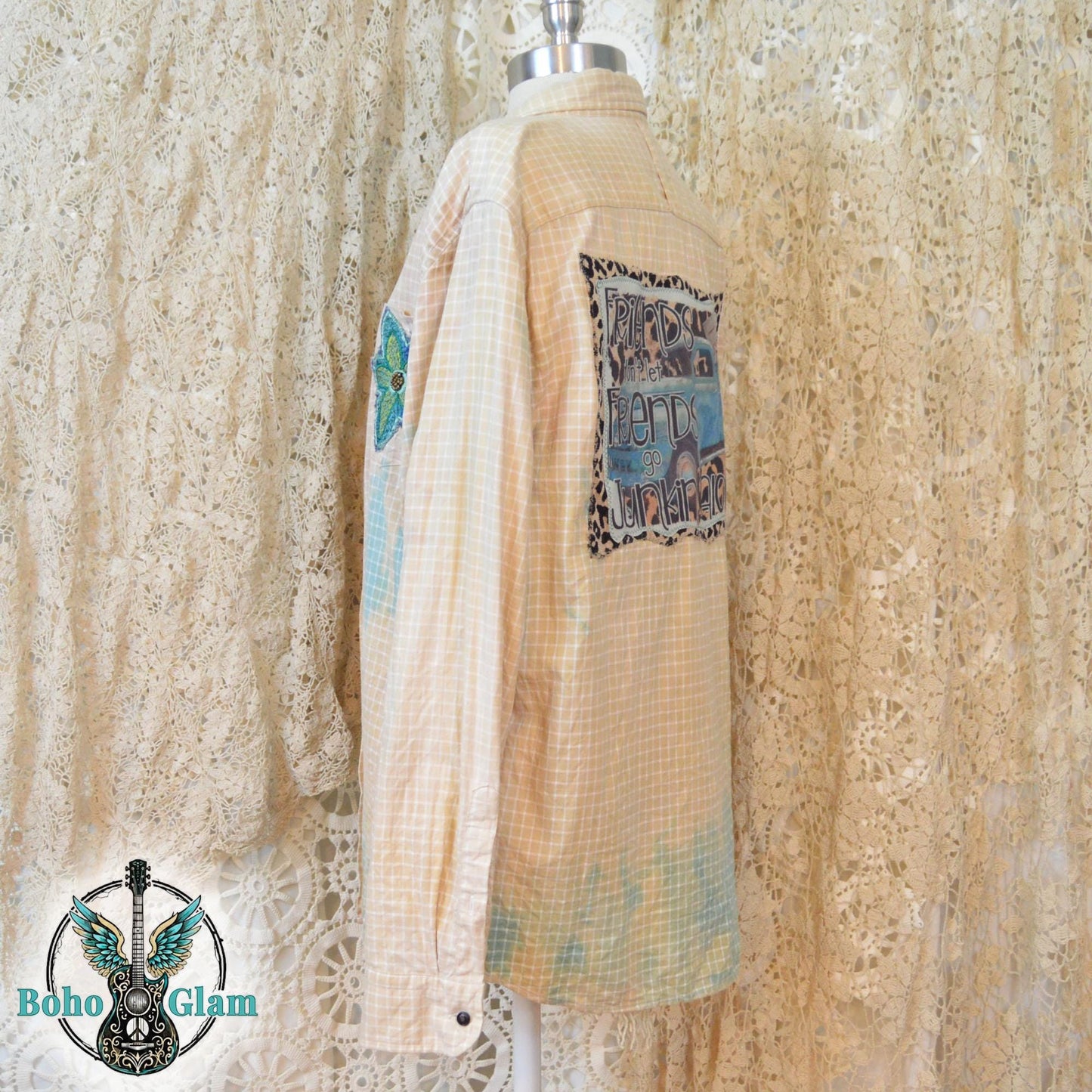 Side View: A mannequin display showing the long sleeve profile and the dip-bleach transition from yellow plaid to seafoam green at the hem.