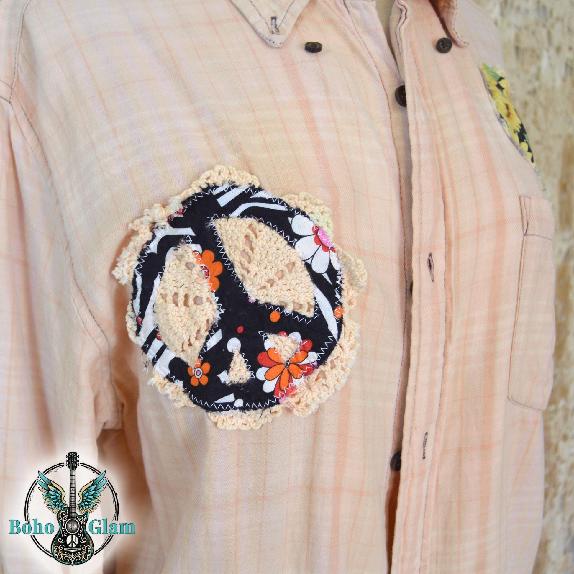 Upcycled Janis Joplin Lyrics Flannel - Sunflower Peace Sign Patchwork Shirt - Janis Joplin Quote Freedom - Boho Hippie Plaid Top - Size M