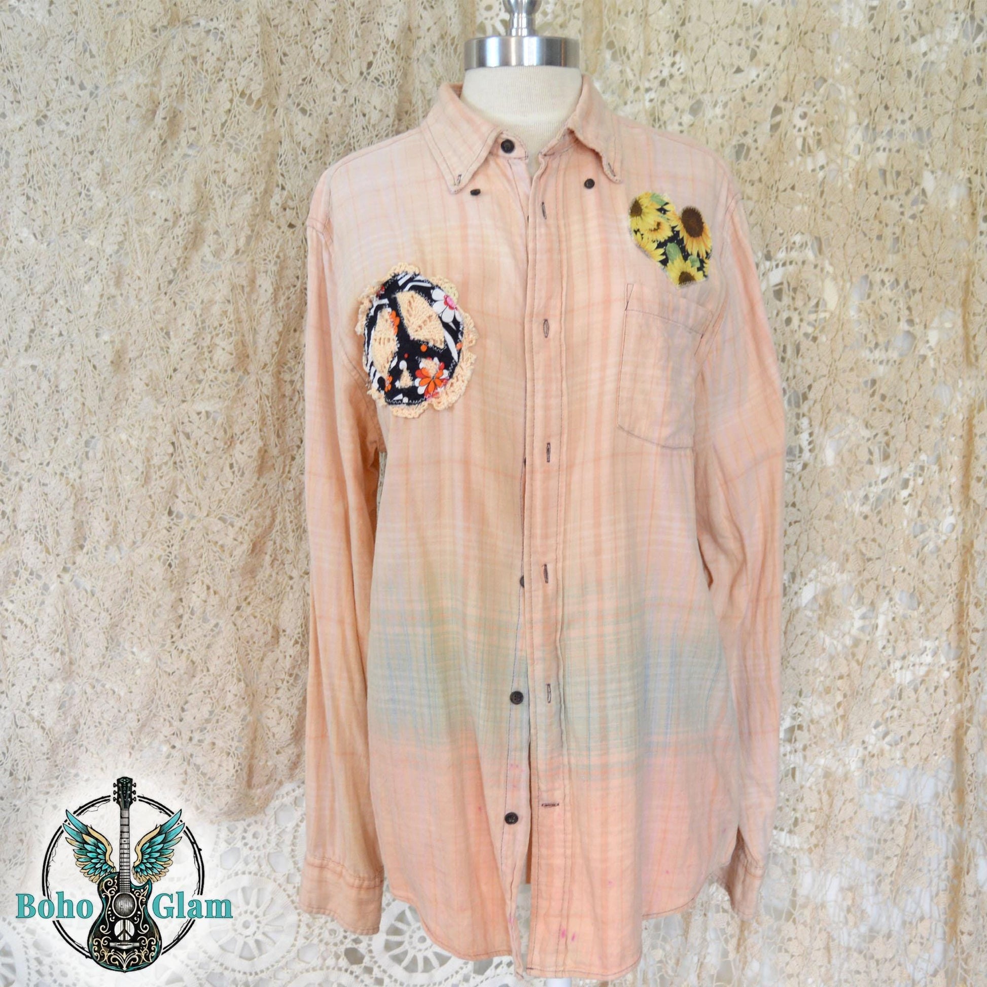 Upcycled Janis Joplin Lyrics Flannel - Sunflower Peace Sign Patchwork Shirt - Janis Joplin Quote Freedom - Boho Hippie Plaid Top - Size M