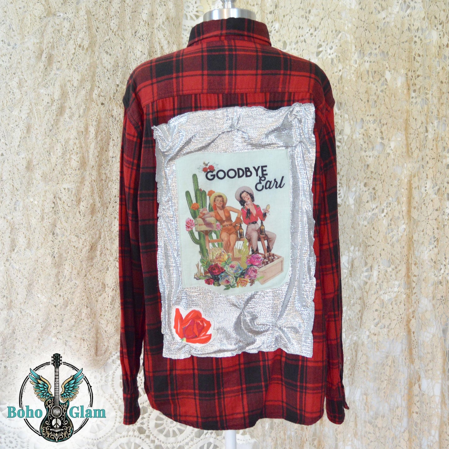 Goodbye Earl Flannel - Men's Size L Red Plaid Shirt with Silver Metallic Accents - Custom - Western Boho Top