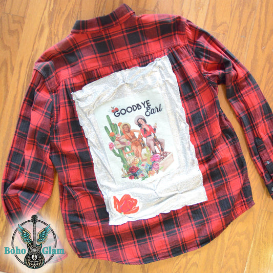 Goodbye Earl Flannel - Men's Size L Red Plaid Shirt with Silver Metallic Accents - Custom - Western Boho Top
