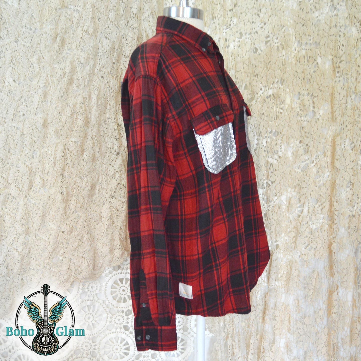 Goodbye Earl Flannel - Men's Size L Red Plaid Shirt with Silver Metallic Accents - Custom - Western Boho Top