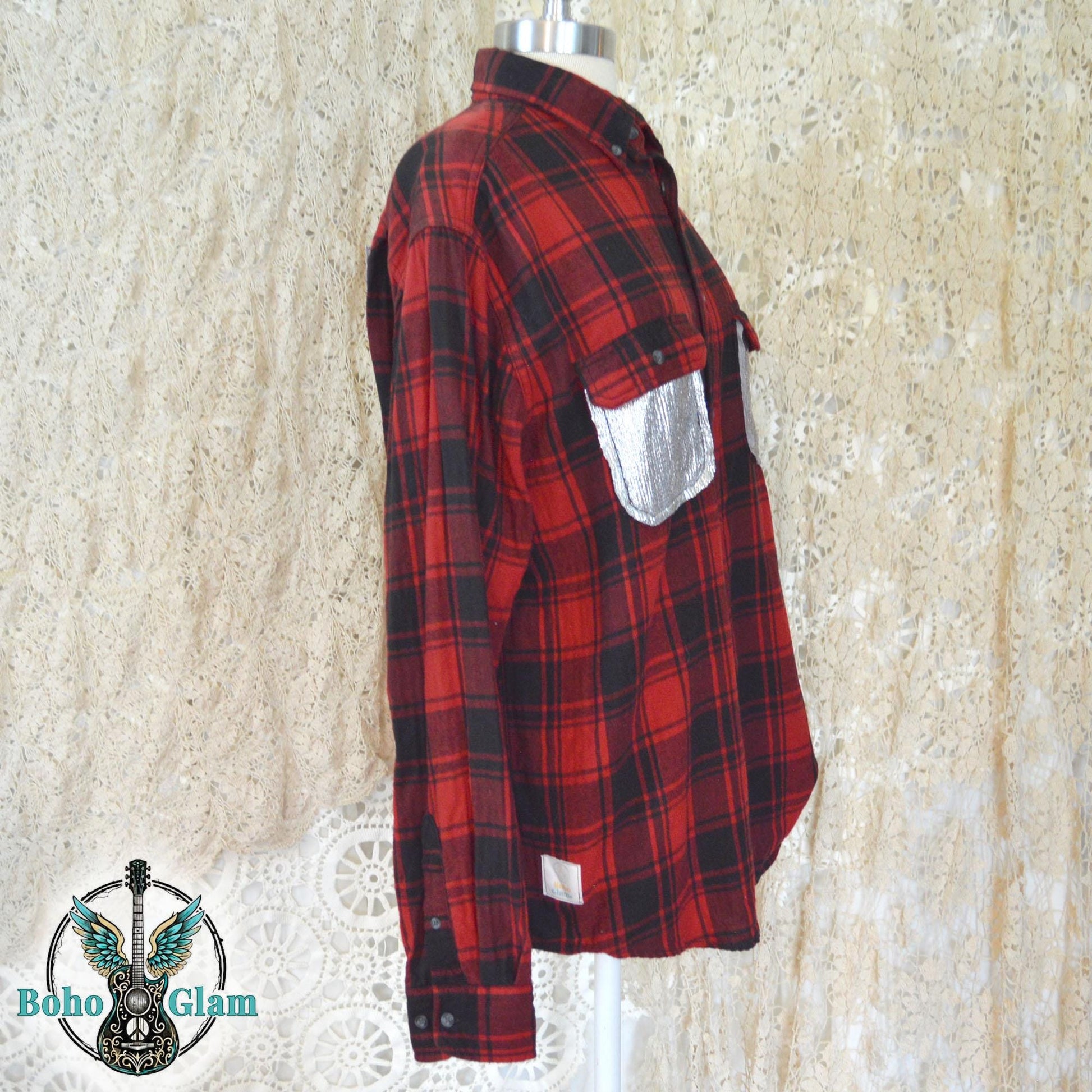 Goodbye Earl Flannel - Men's Size L Red Plaid Shirt with Silver Metallic Accents - Custom - Western Boho Top