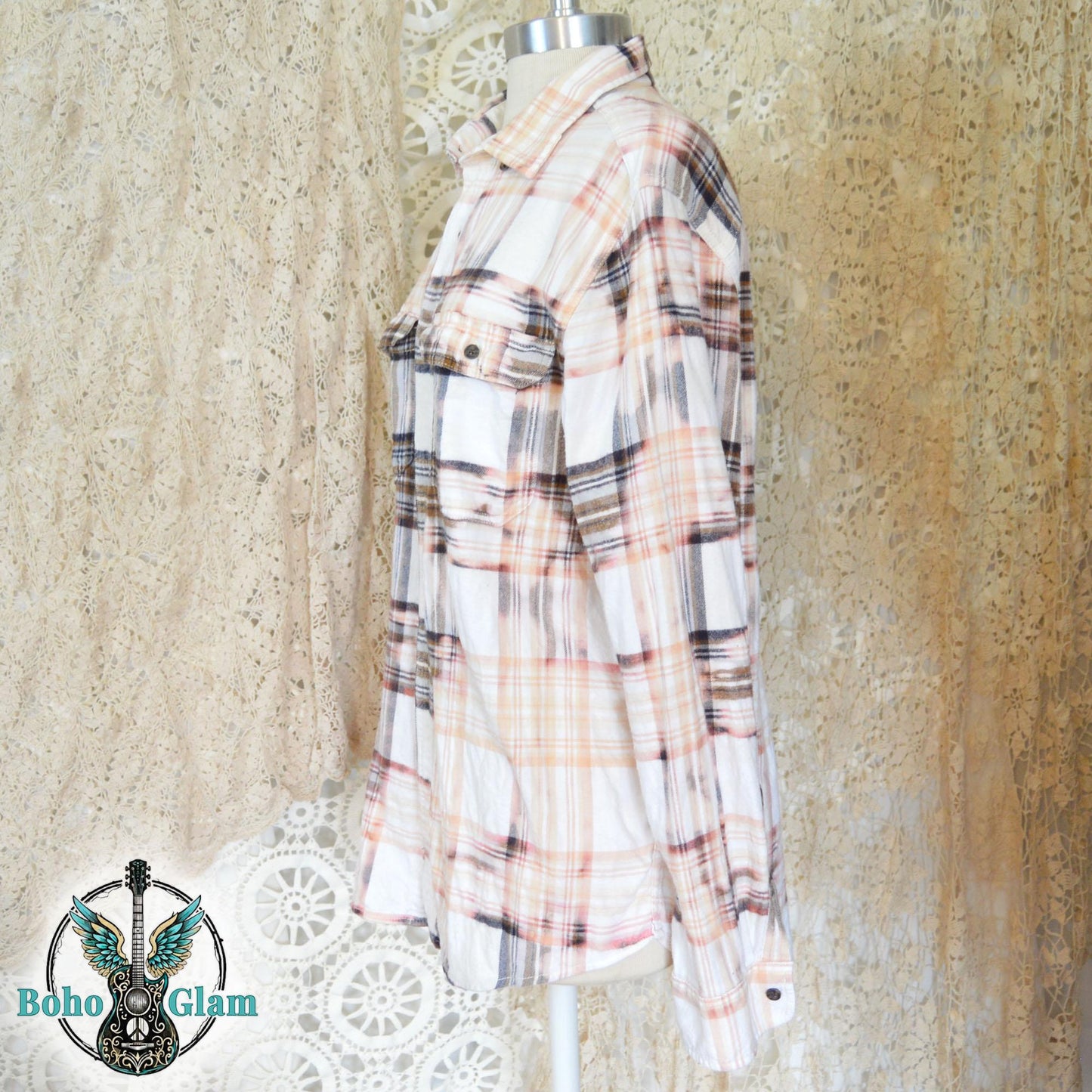 Side View: Profile shot of the flannel shirt on a mannequin highlighting the sleeve length and the continuation of the bleached plaid pattern.