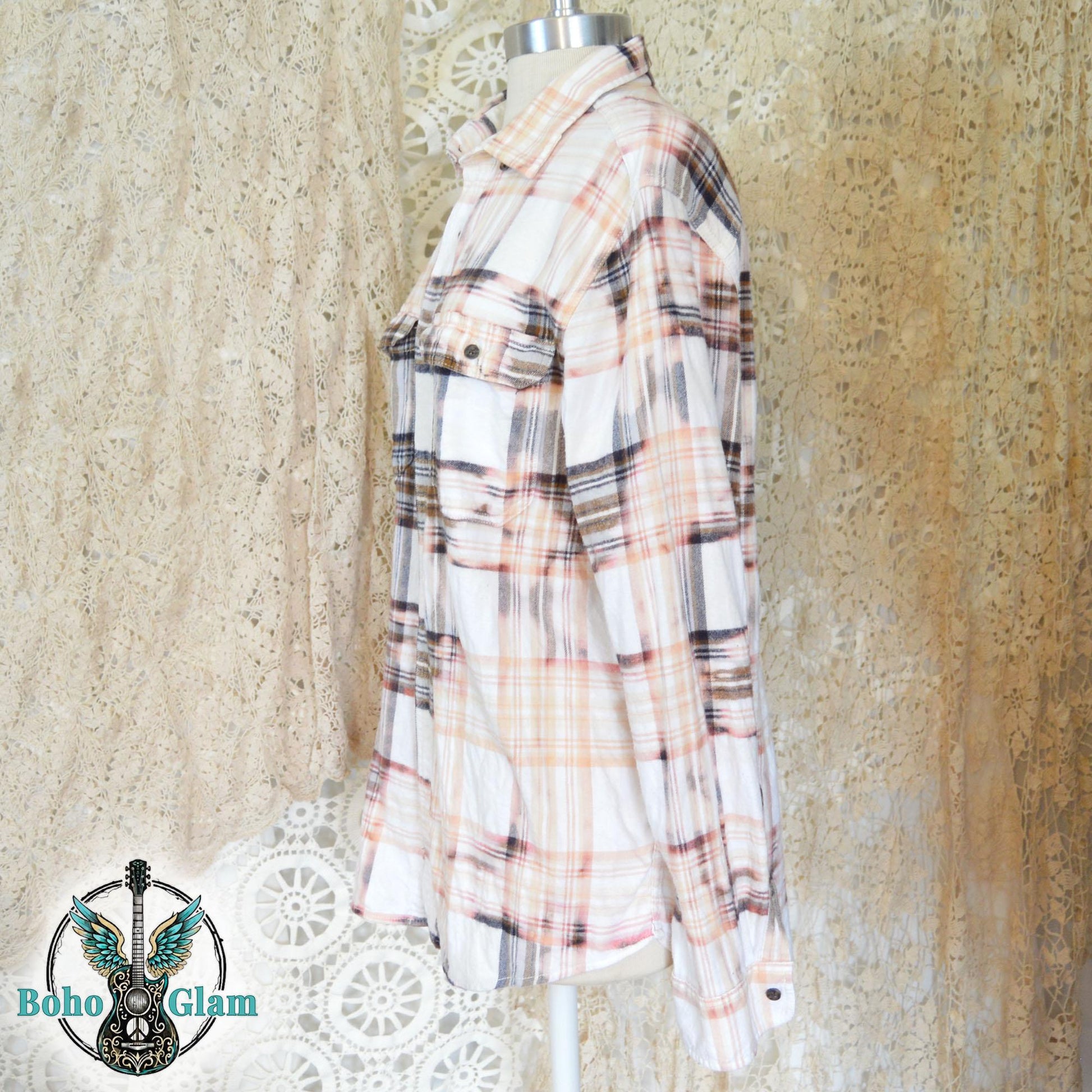 Side View: Profile shot of the flannel shirt on a mannequin highlighting the sleeve length and the continuation of the bleached plaid pattern.