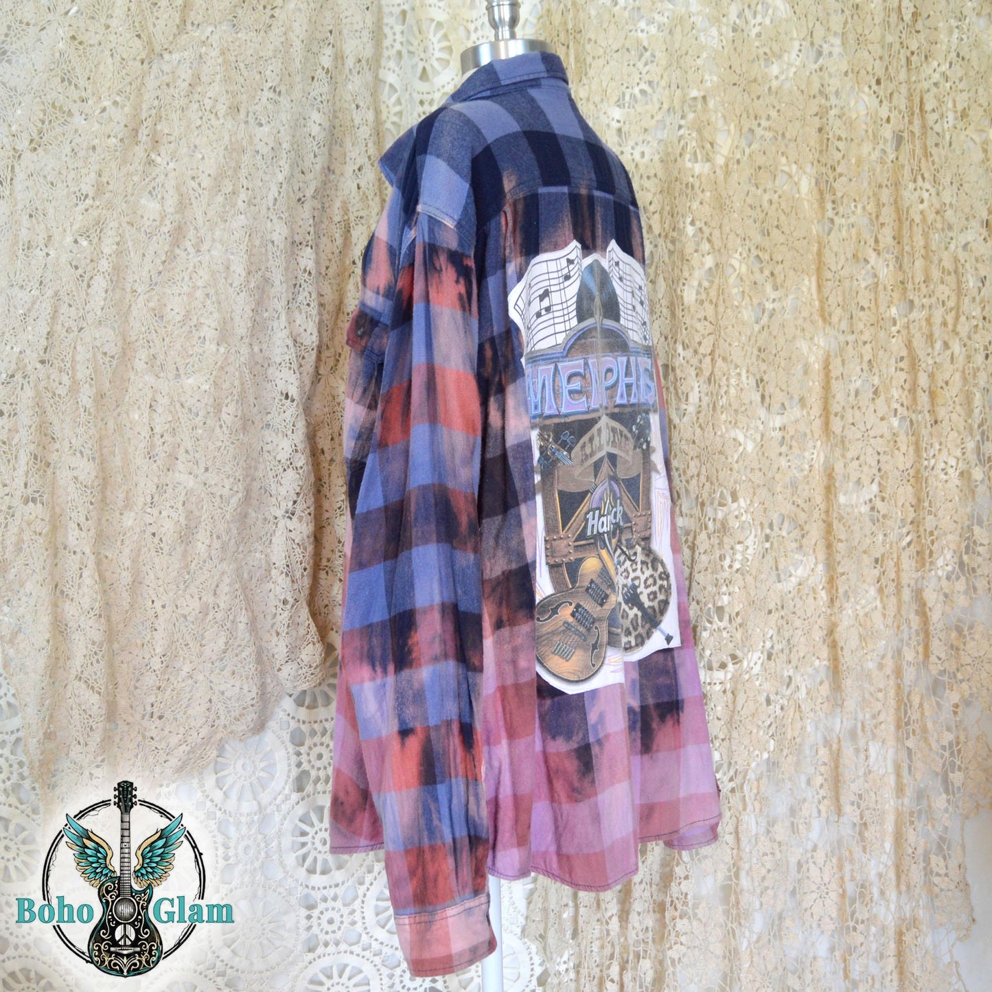 Right Side Angle: A side-view shot highlighting the button cuffs and the intentional bleach splatter details on the upper navy portions of the flannel.