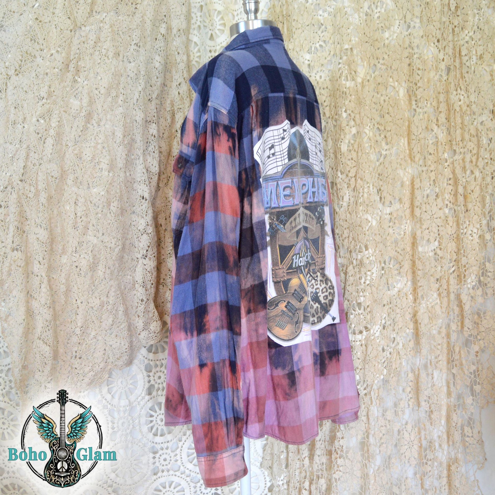 Right Side Angle: A side-view shot highlighting the button cuffs and the intentional bleach splatter details on the upper navy portions of the flannel.