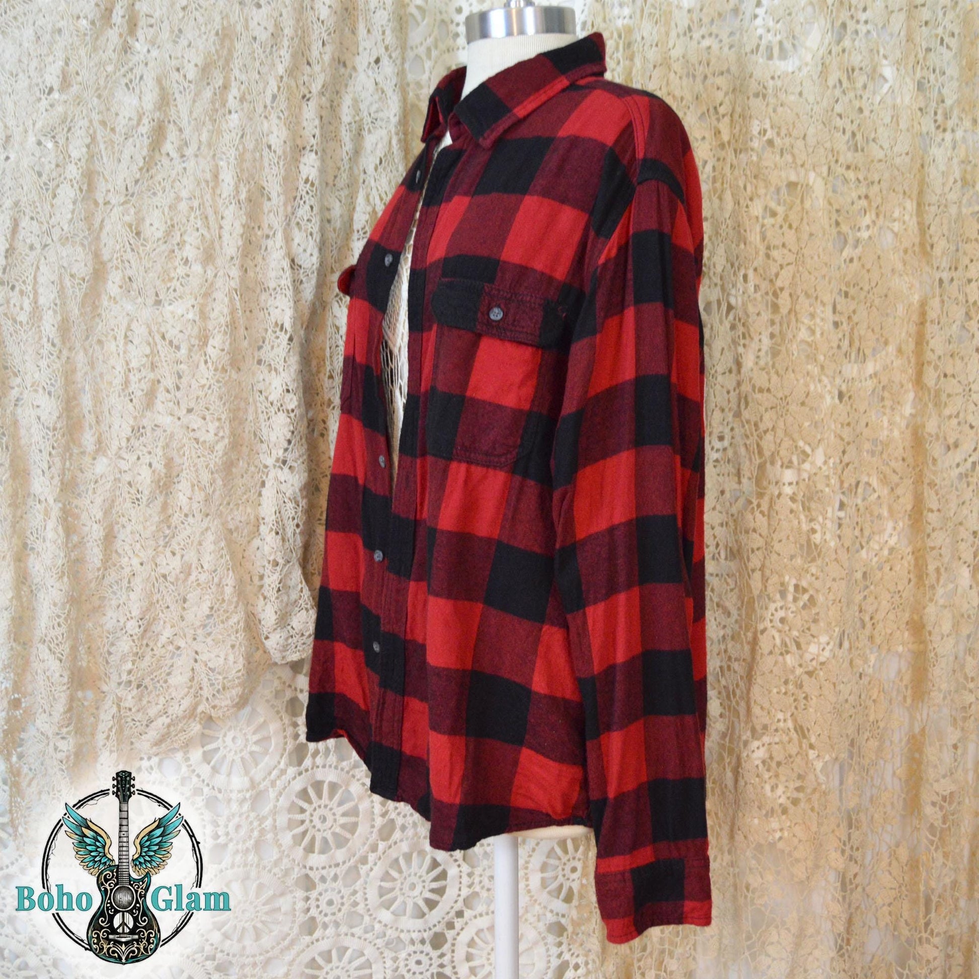 Upcycled Funny Donkey Flannel Shirt- Red Buffalo Plaid Boho - I Rolled My Eyes So Hard Graphic Applique - Men's Size XL Handcrafted Shirt