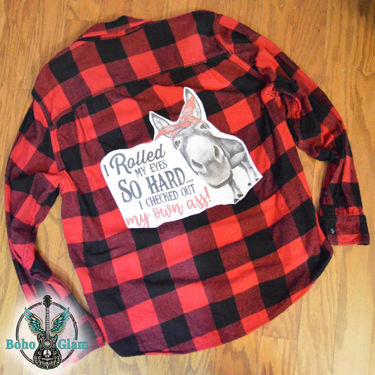 Upcycled Red Buffalo Plaid Flannel Shirt – Donkey Graphic Applique (Men's XL)