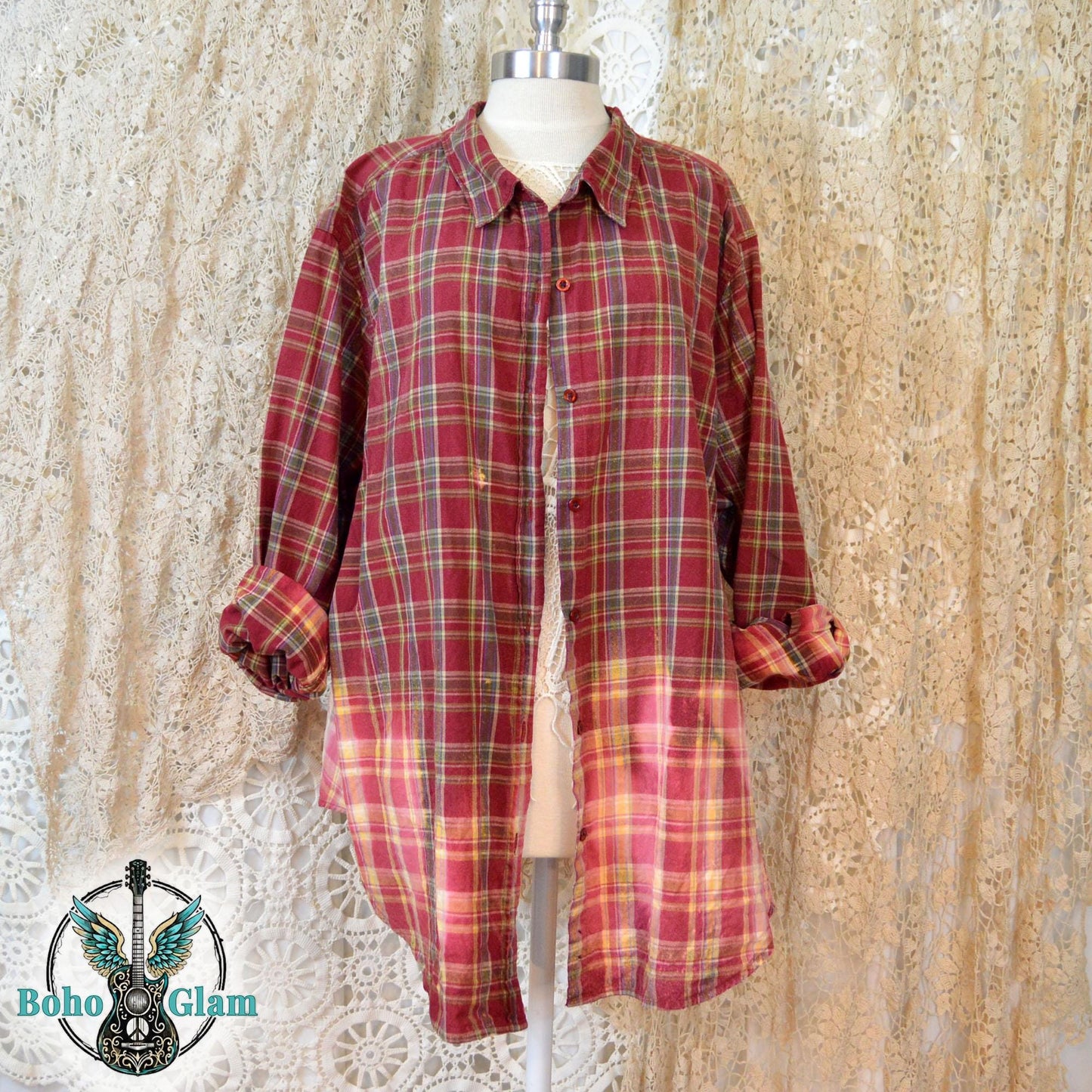 Upcycled Rooster Flannel Shirt - Red Plaid Boho Top - Custom Bleached Farmhouse Style - 3XL Oversized Handcrafted Country Statement Shirt