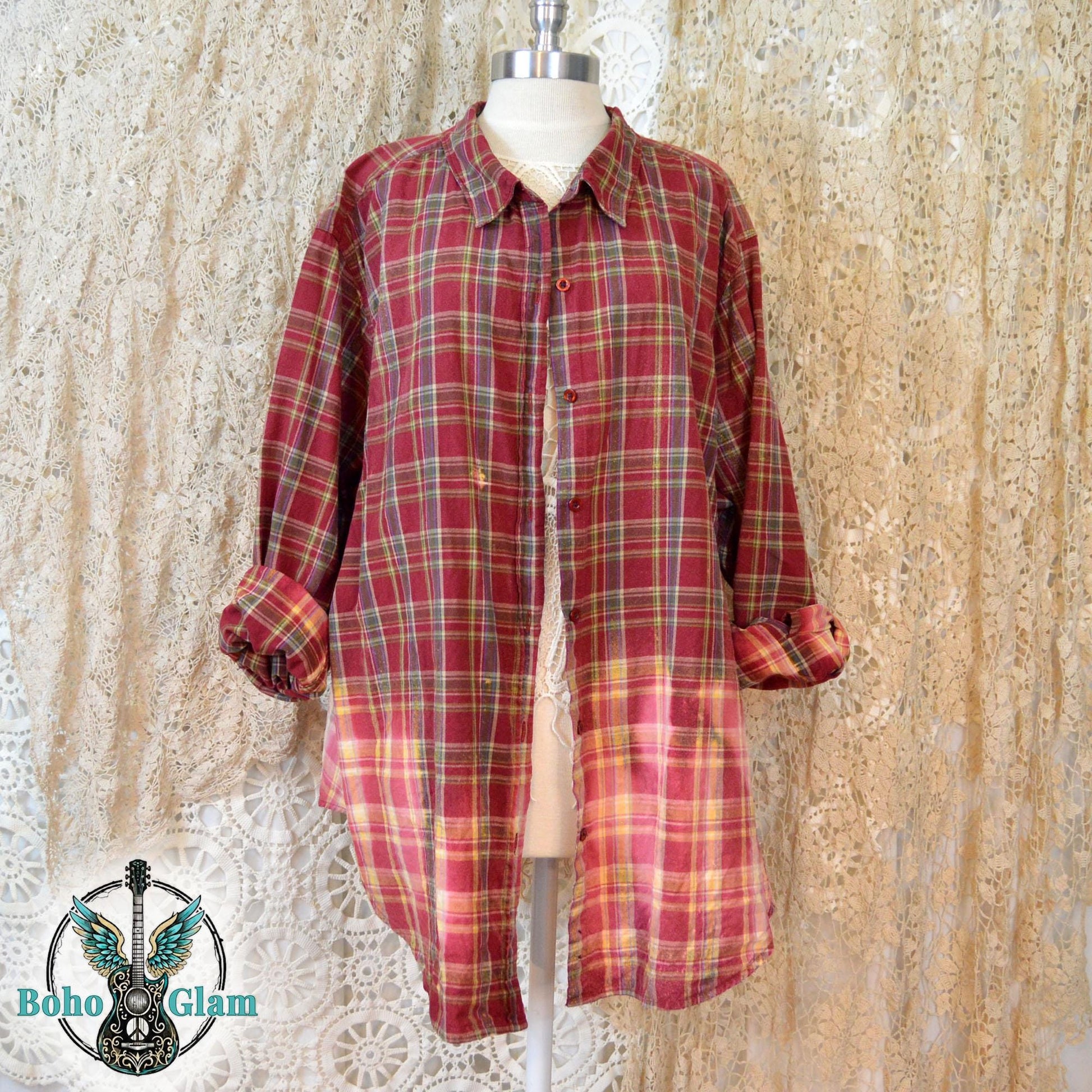 Upcycled Rooster Flannel Shirt - Red Plaid Boho Top - Custom Bleached Farmhouse Style - 3XL Oversized Handcrafted Country Statement Shirt