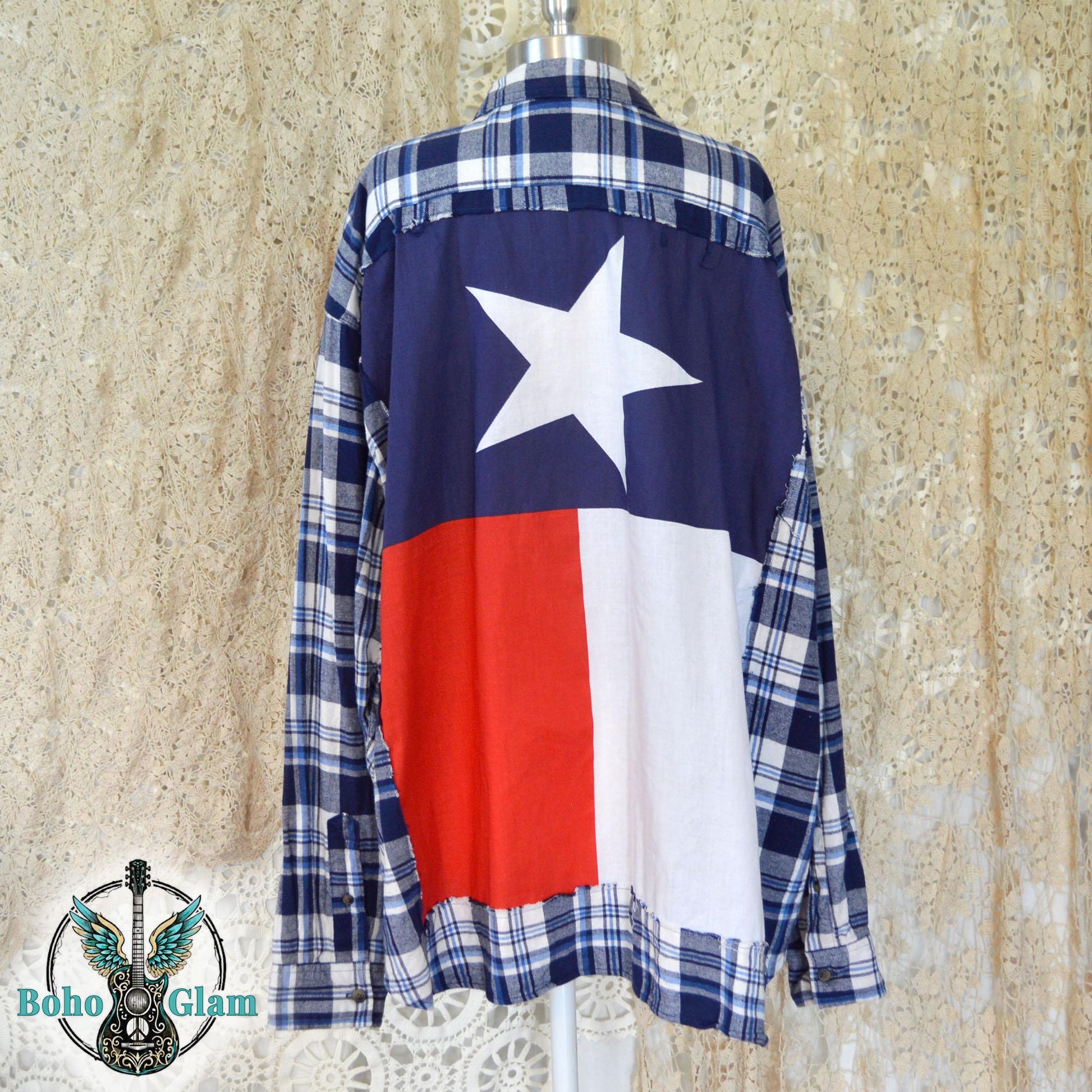 Back View on Mannequin: The back of the shirt displayed on a mannequin, highlighting the bold red, white, and blue Texas flag with its iconic white star.
