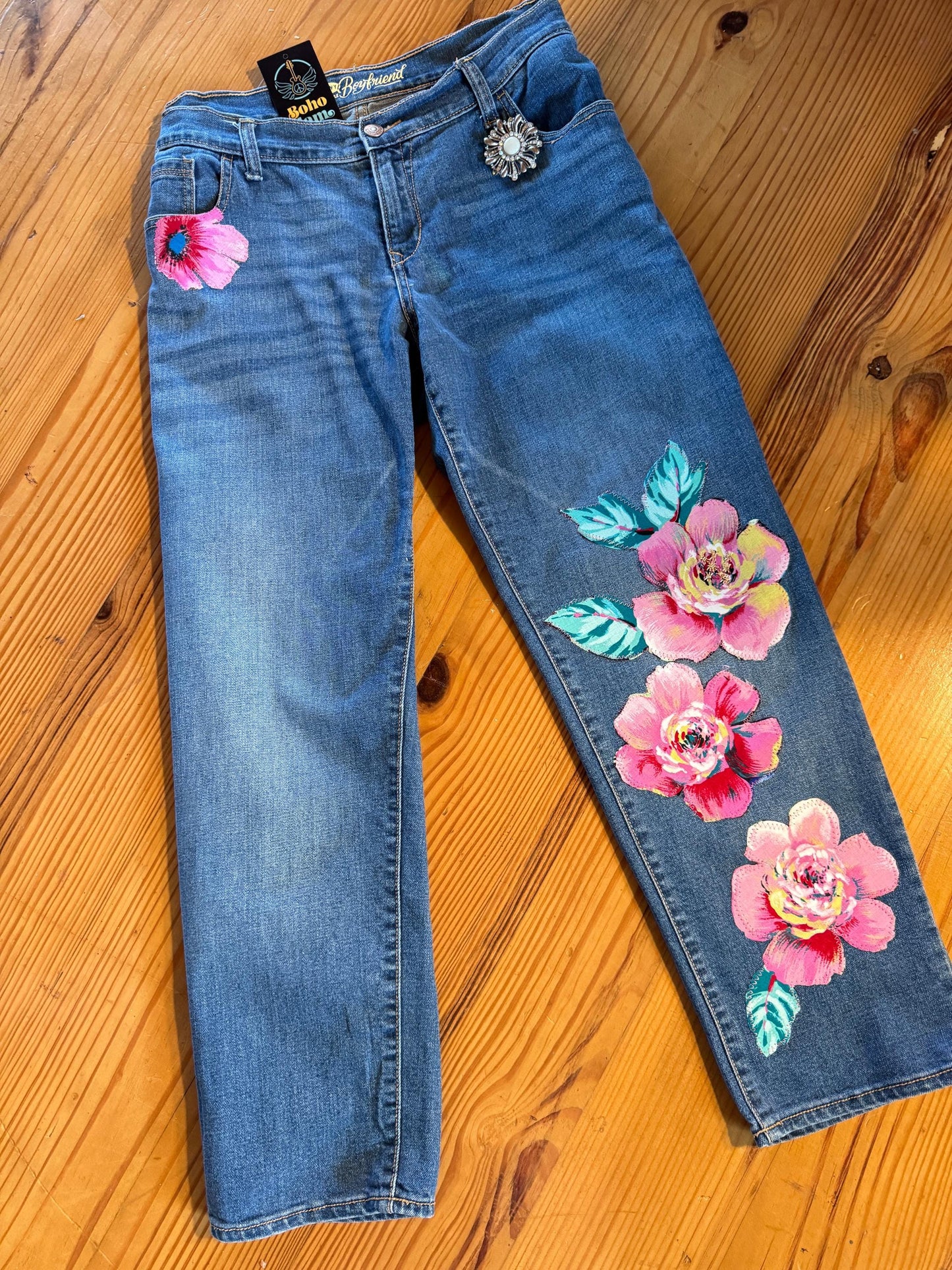 Upcycled Old Navy Boyfriend Jeans Size 12 – Pink Hibiscus Floral Patchwork, Vintage Brooch