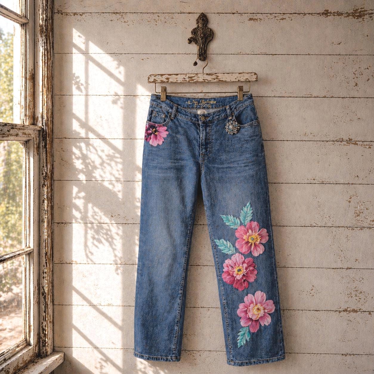 Upcycled Old Navy Boyfriend Jeans Size 12 – Pink Hibiscus Floral Patchwork, Vintage Brooch