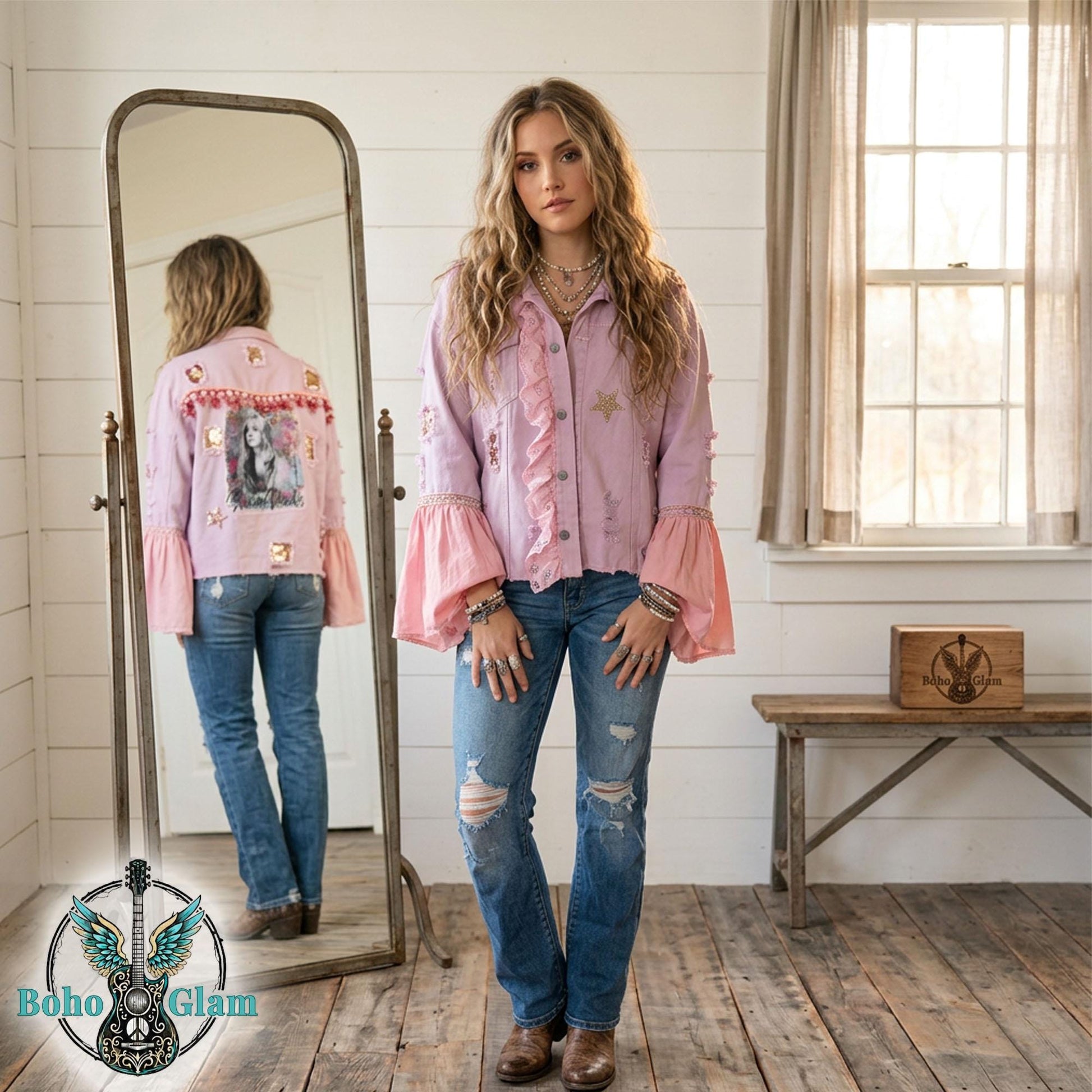 Model wearing pink boho glam denim jacket with belle sleeves and rhinestone stars, Stevie Nicks inspired outfit, front and back view with watercolor graphic, festival ready look