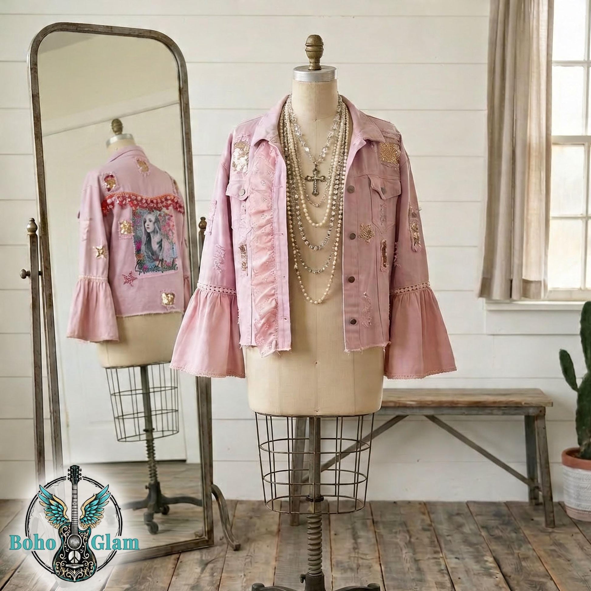 Pink upcycled cropped denim jacket on dress form with layered necklaces, belle sleeves, sequin patches and lace trim, Stevie Nicks inspired boho western statement jacket