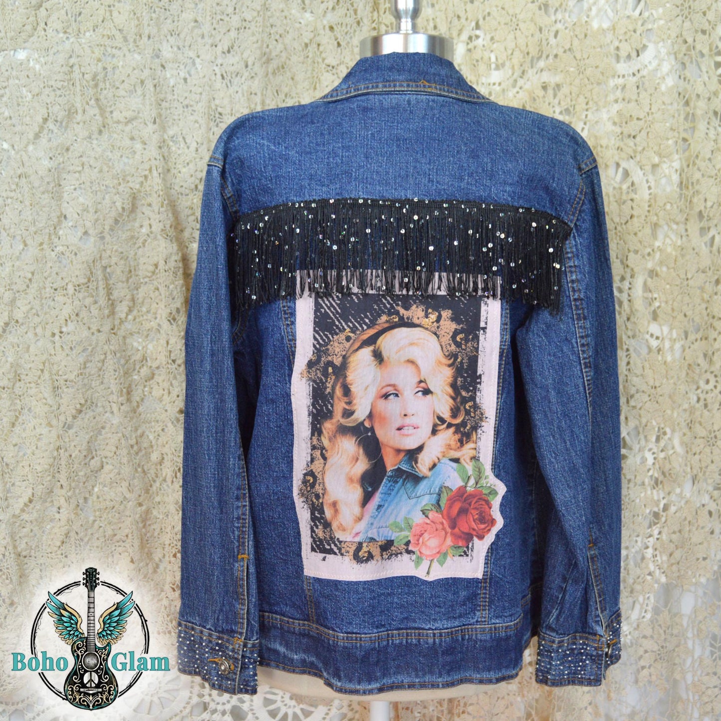 Dolly Inspired Denim Jacket, Upcycled Sequin Fringe Concert Wear