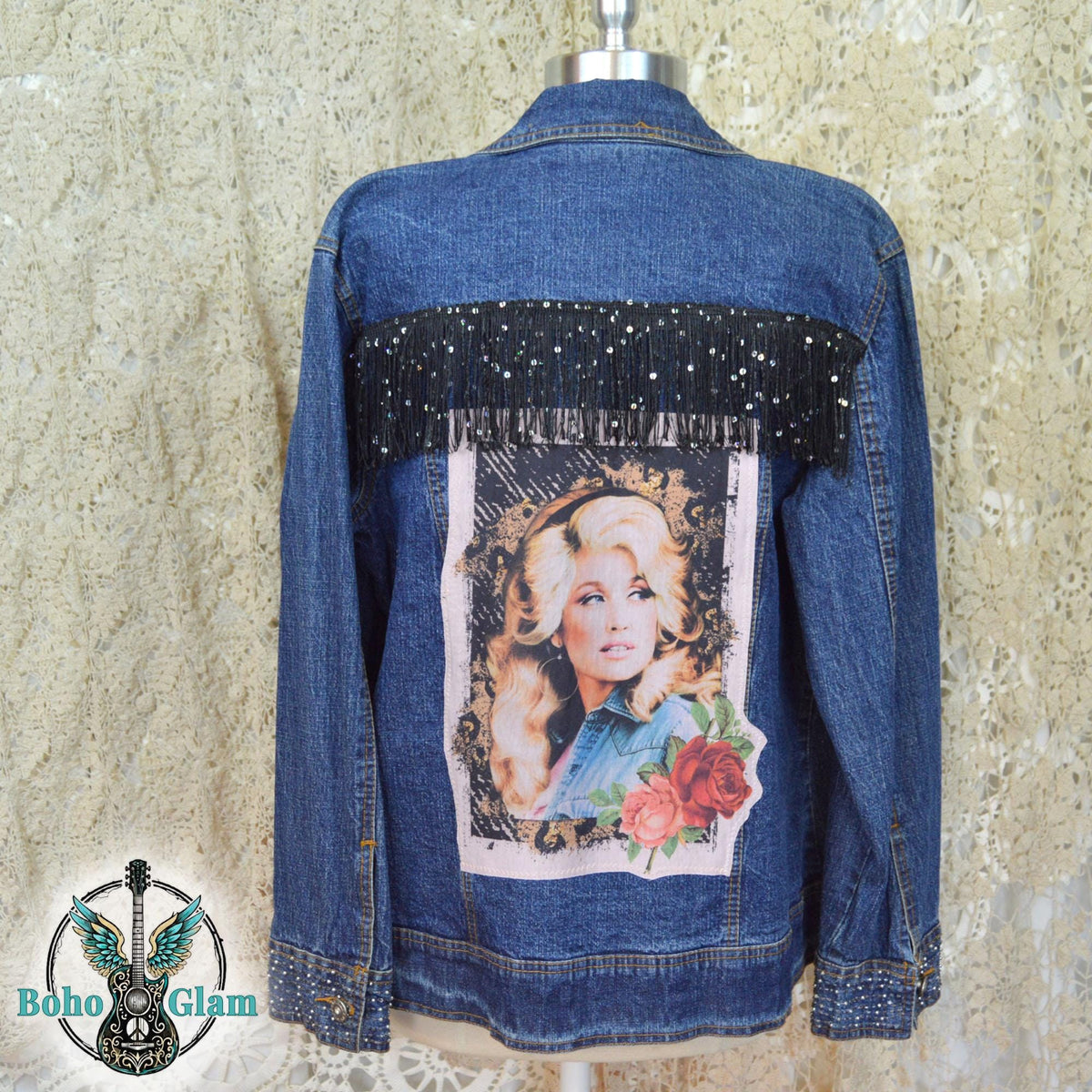 Dolly Inspired Denim Jacket, Upcycled Sequin Fringe Concert Wear