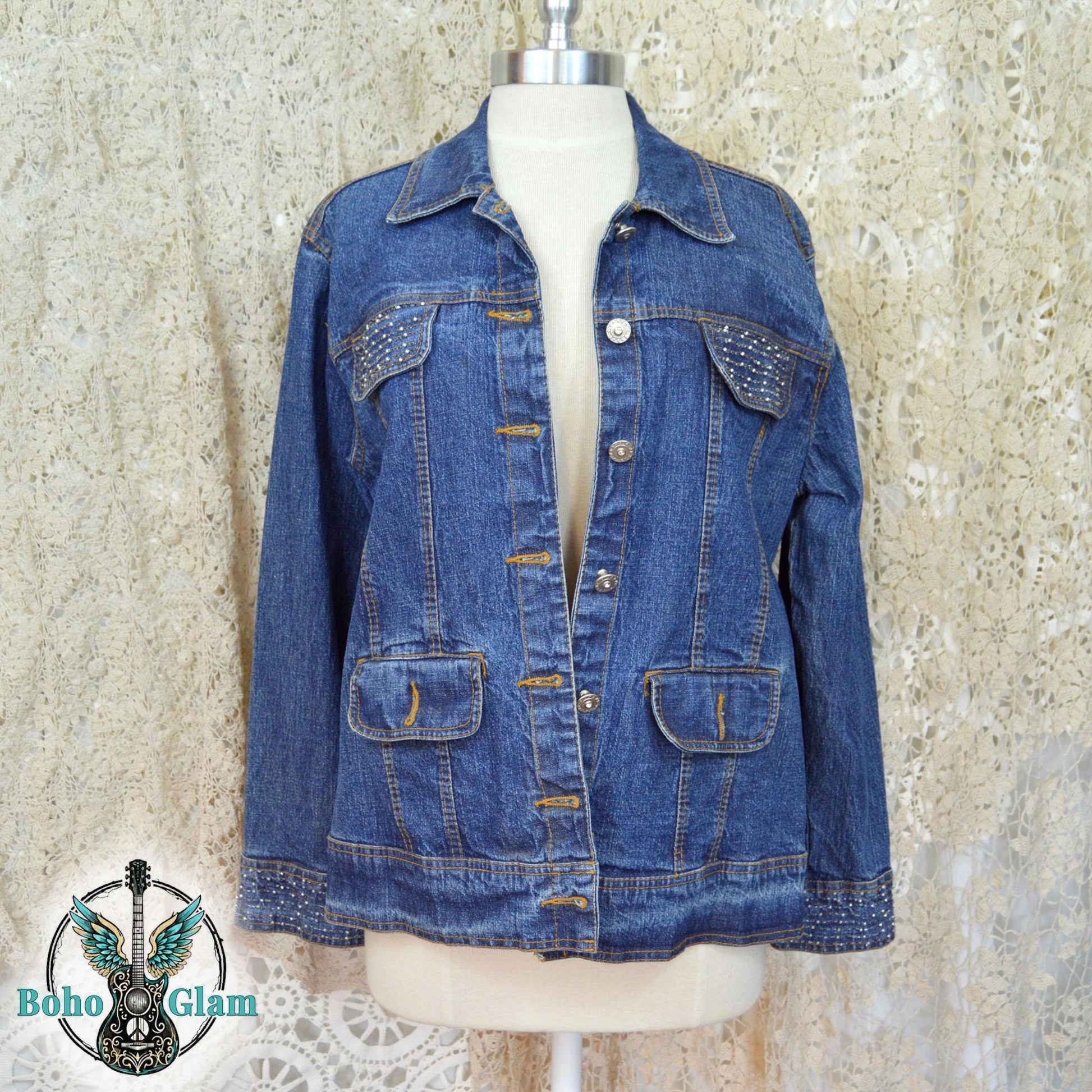 Dolly Inspired Denim Jacket, Upcycled Sequin Fringe Concert Wear