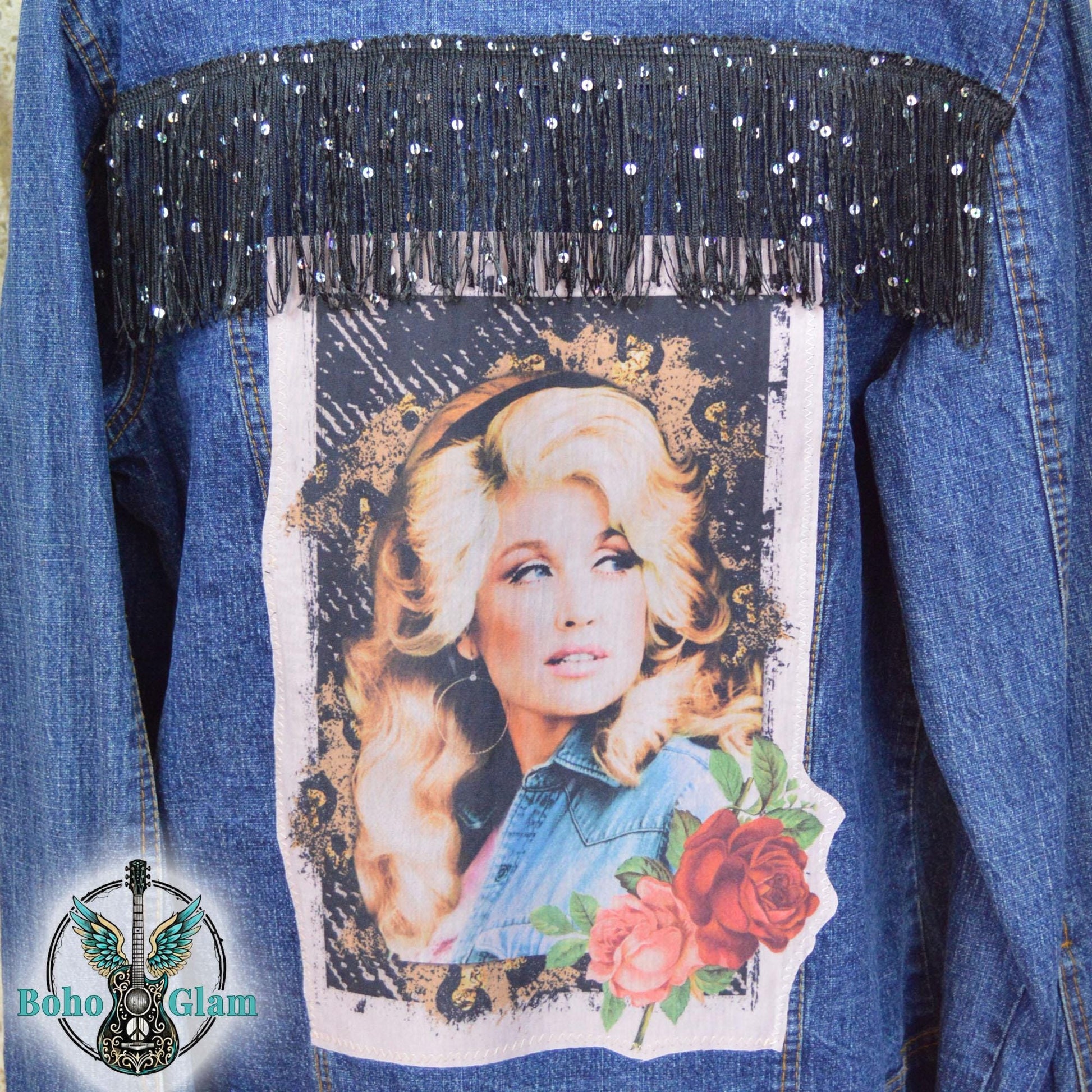 Dolly Inspired Denim Jacket, Upcycled Sequin Fringe Concert Wear