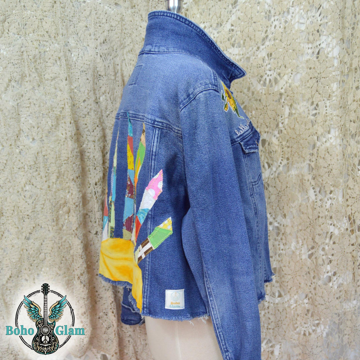 Upcycled Denim Jacket, Sunshine Patchwork, Boho Festival Jean Jacket, XXL