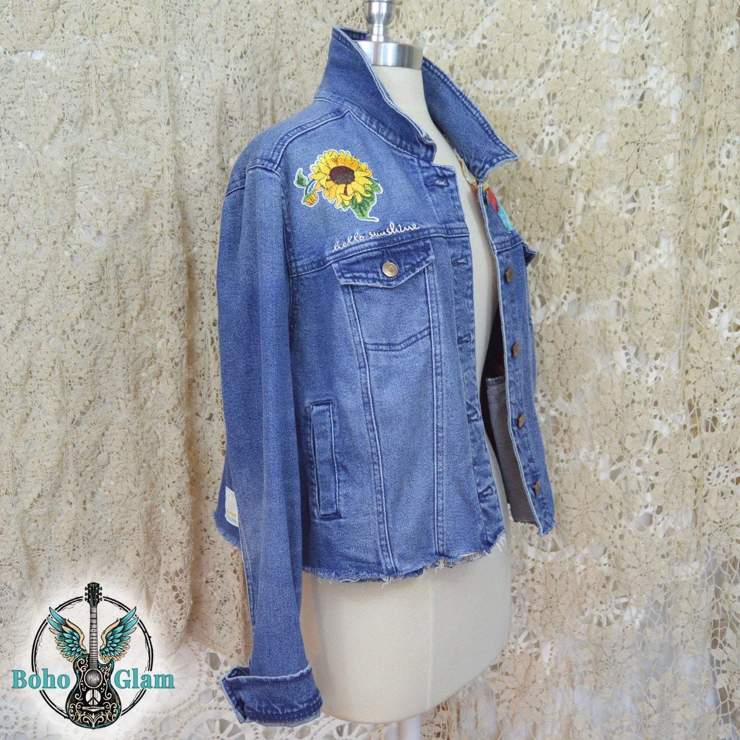 Upcycled Denim Jacket, Sunshine Patchwork, Boho Festival Jean Jacket, XXL