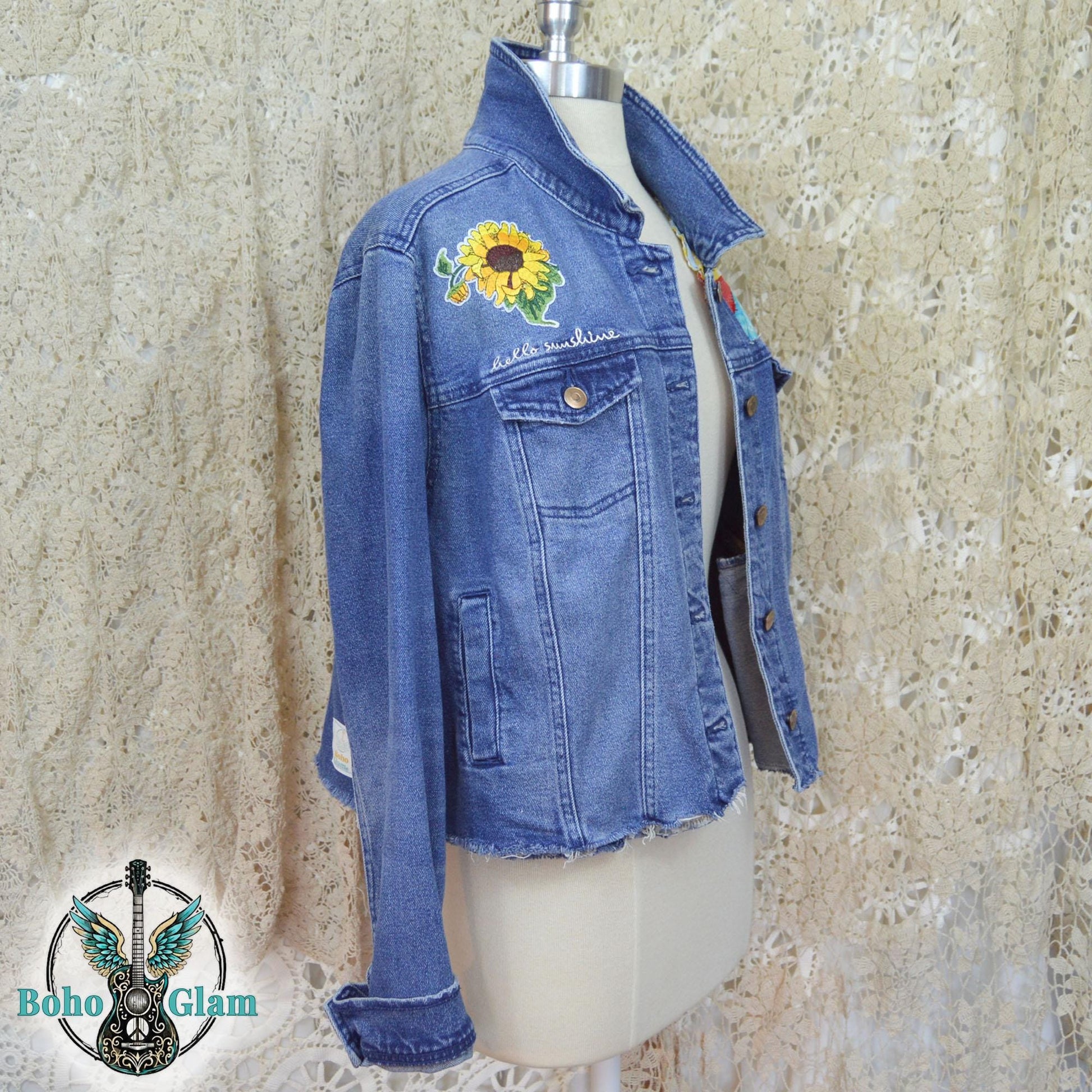 Upcycled Denim Jacket, Sunshine Patchwork, Boho Festival Jean Jacket, XXL