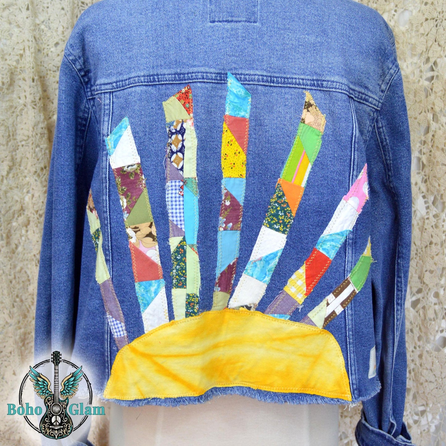 Upcycled Denim Jacket, Sunshine Patchwork, Boho Festival Jean Jacket, XXL