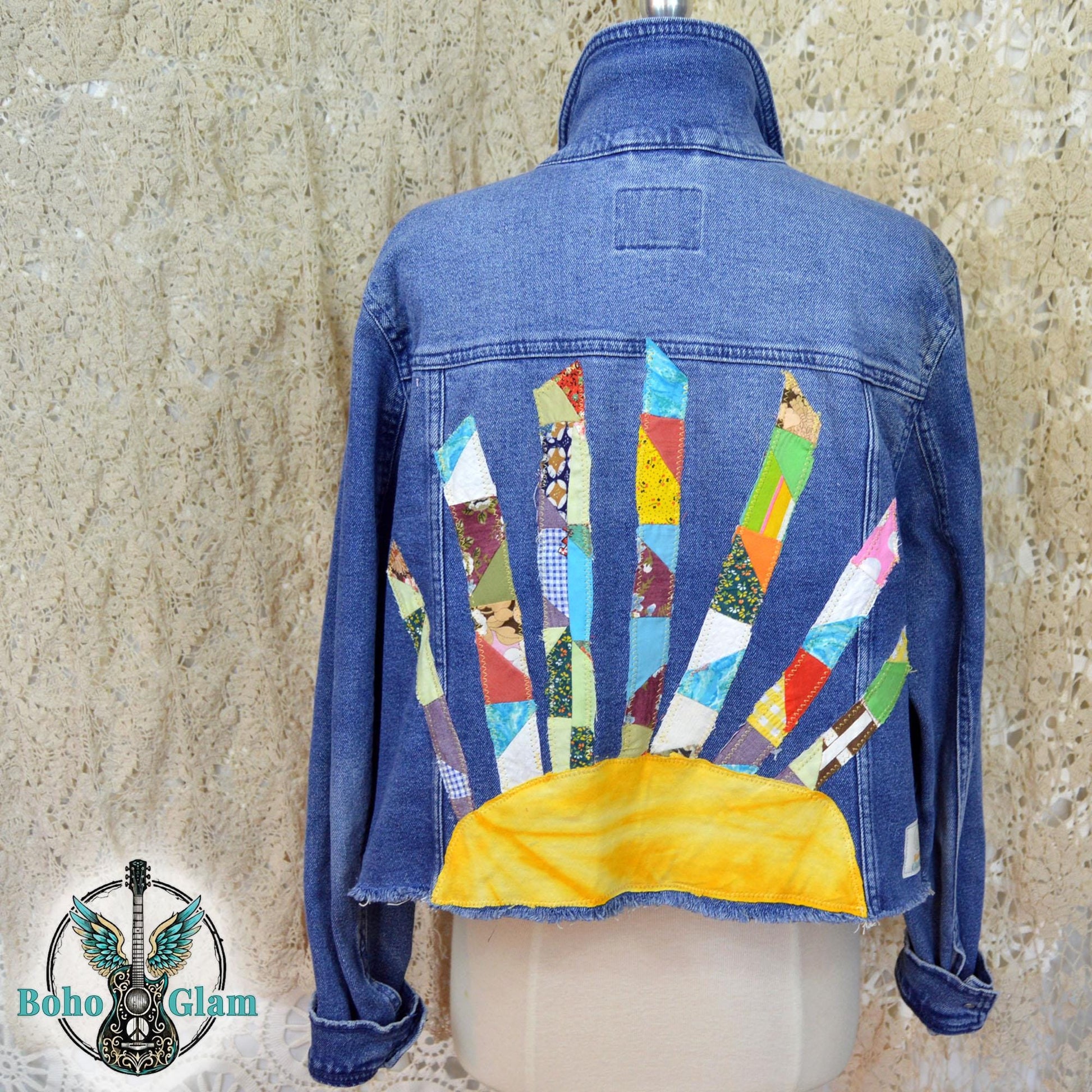 Upcycled Denim Jacket, Sunshine Patchwork, Boho Festival Jean Jacket, XXL