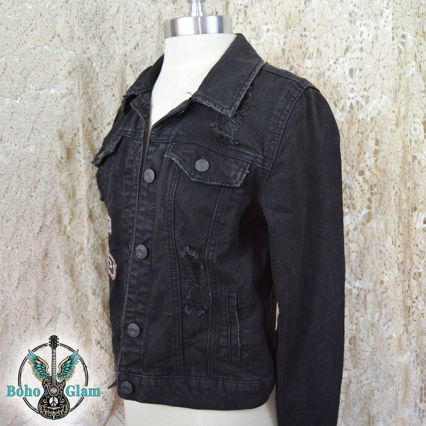 Cropped Black Denim Jacket, Crystal Cross Embellished, Upcycled Boho Style