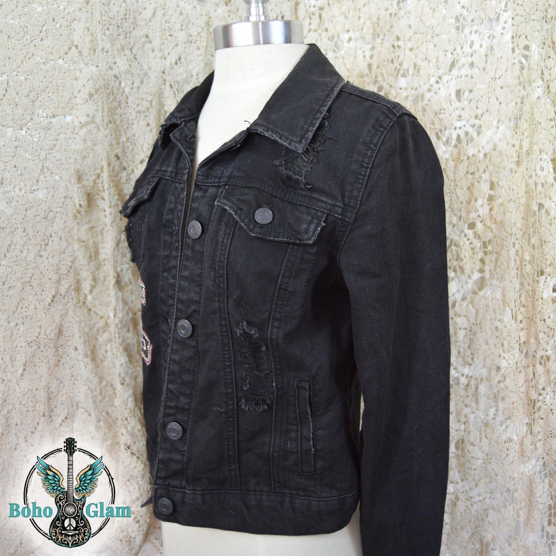 Cropped Black Denim Jacket, Crystal Cross Embellished, Upcycled Boho Style