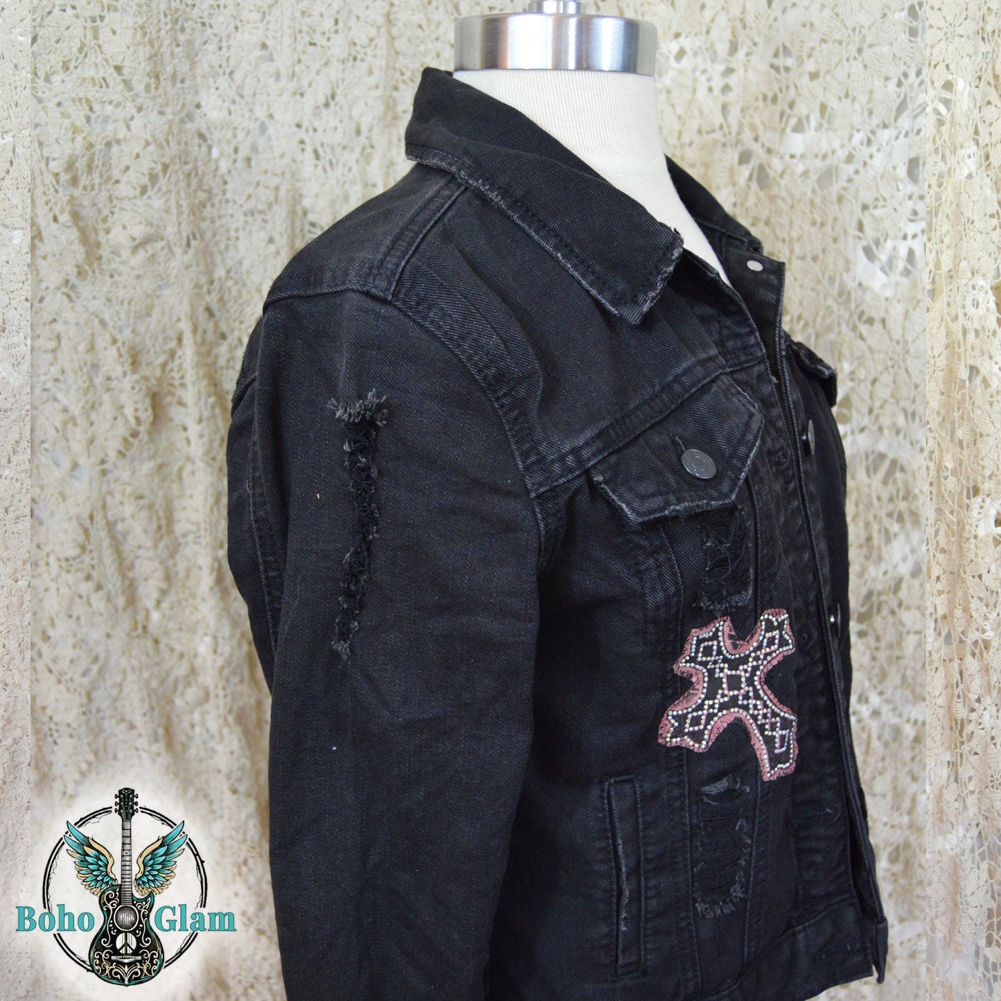 Cropped Black Denim Jacket, Crystal Cross Embellished, Upcycled Boho Style