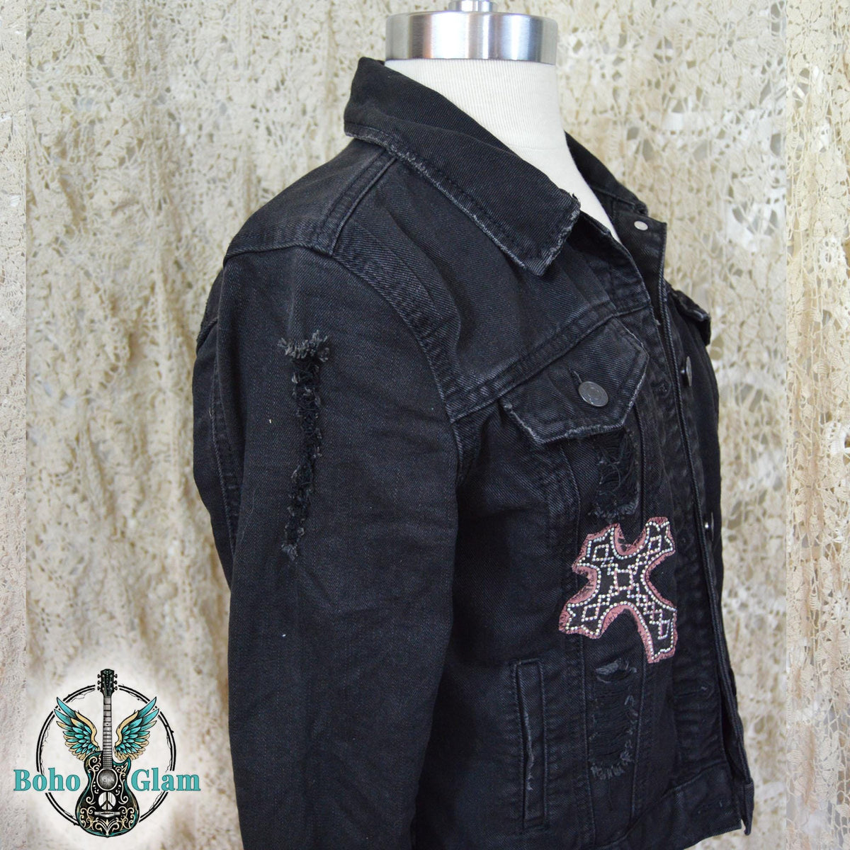Cropped Black Denim Jacket, Crystal Cross Embellished, Upcycled Boho Style