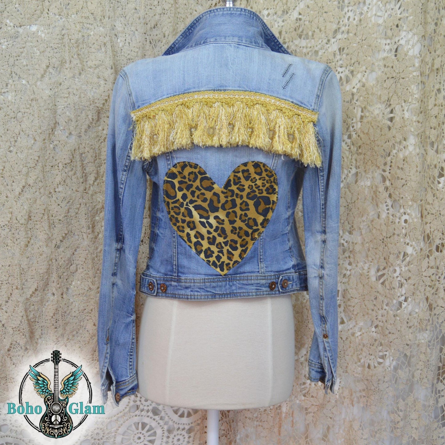Upcycled Leopard Heart Jacket, Gold Fringe, Boho Festival Style, Size 6