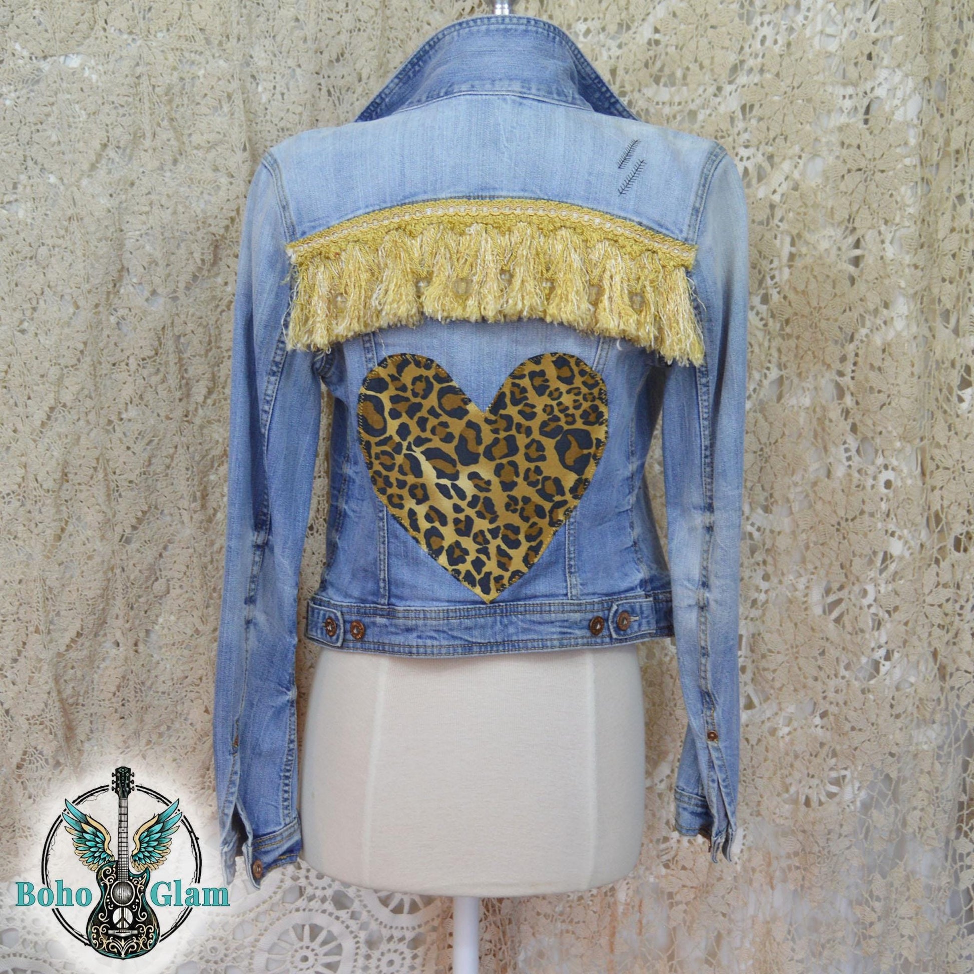 Upcycled Leopard Heart Jacket, Gold Fringe, Boho Festival Style, Size 6