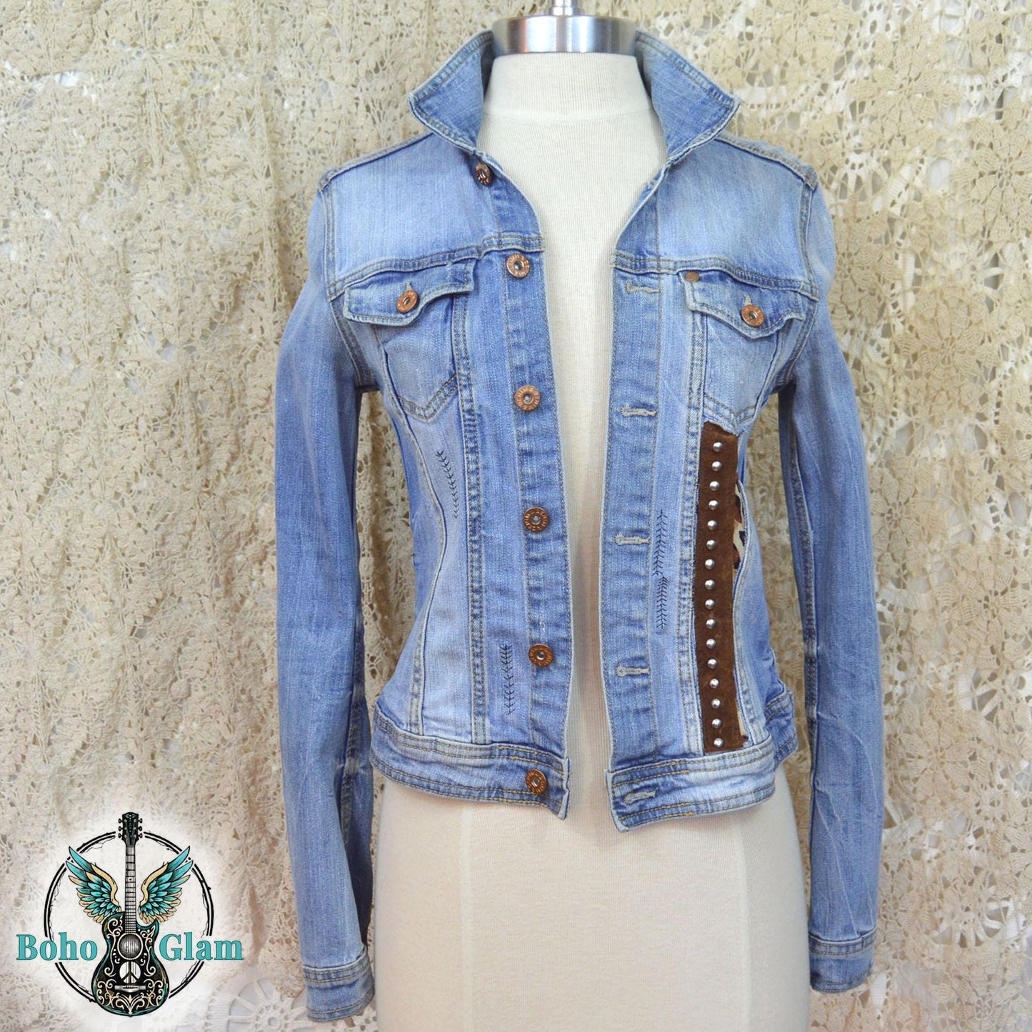 Upcycled Leopard Heart Jacket, Gold Fringe, Boho Festival Style, Size 6