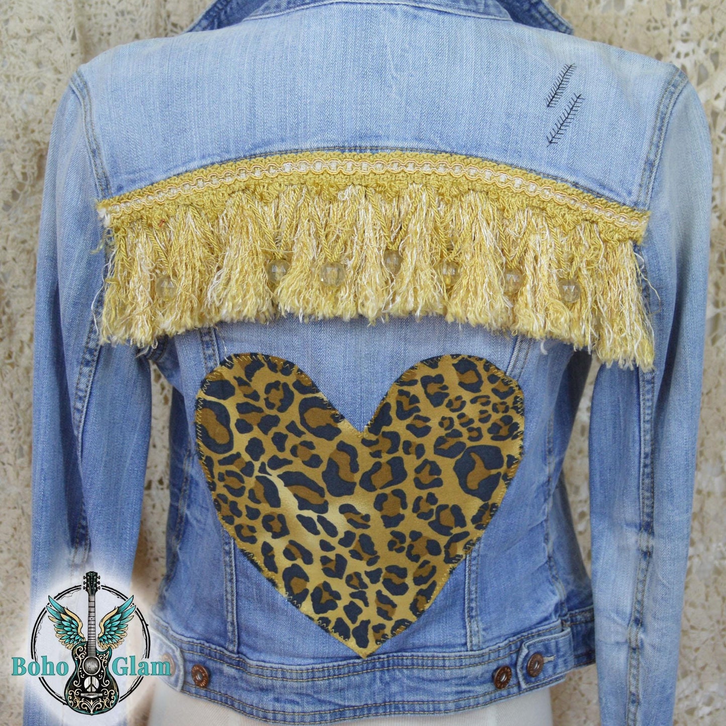 Upcycled Leopard Heart Jacket, Gold Fringe, Boho Festival Style, Size 6