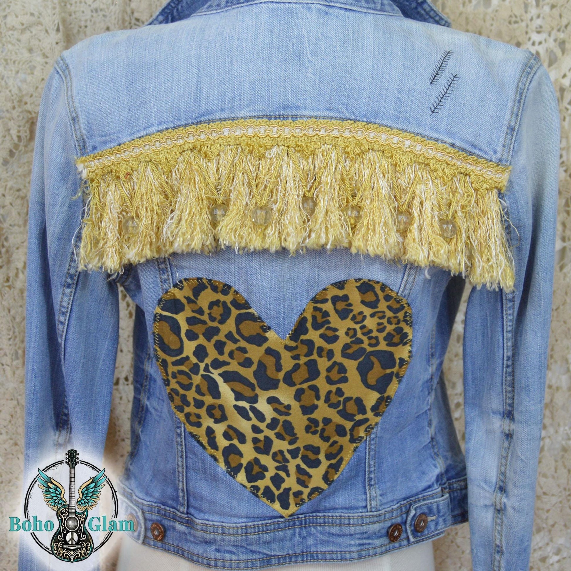Upcycled Leopard Heart Jacket, Gold Fringe, Boho Festival Style, Size 6