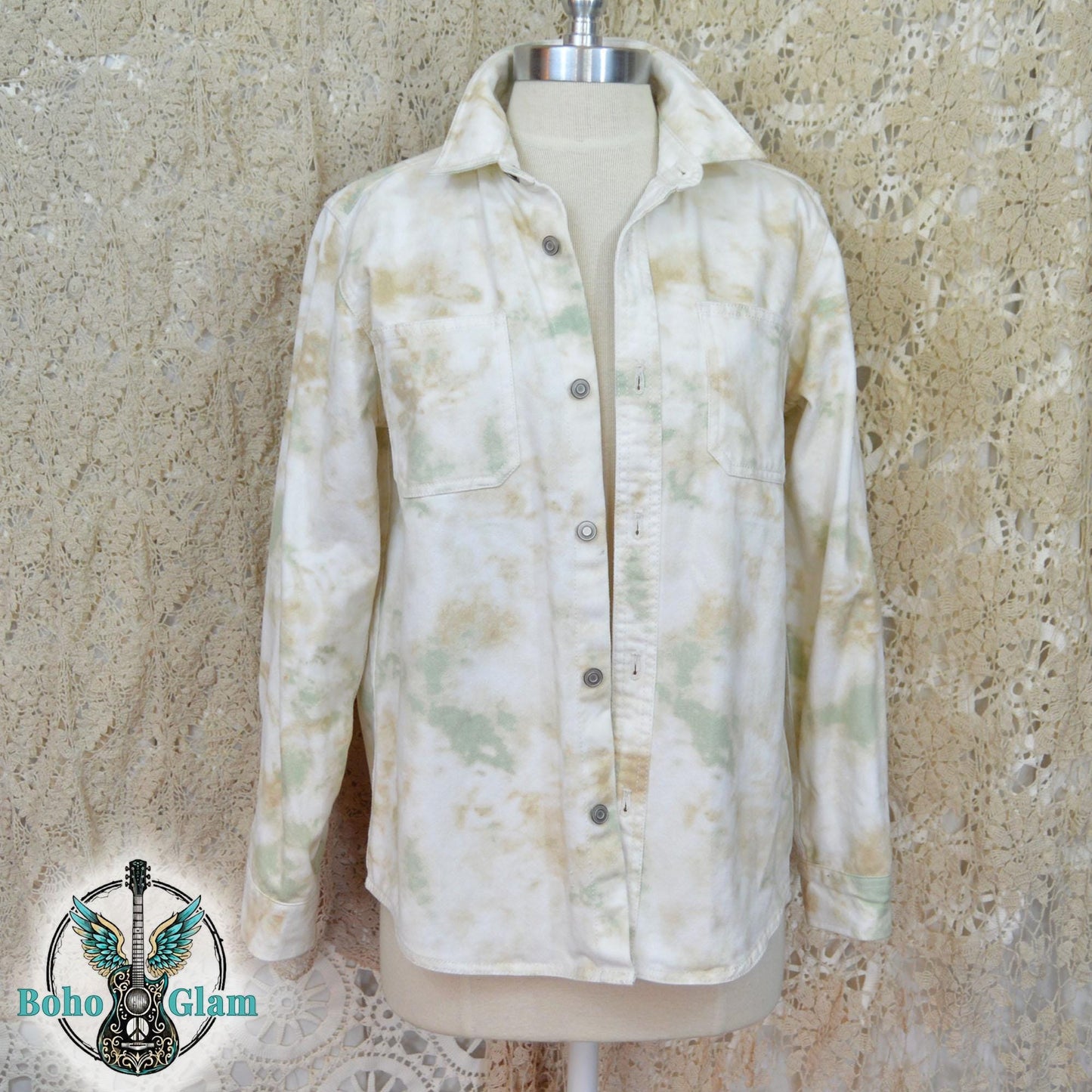 Upcycled Tie Dye Denim Jacket, Watercolor Bird, Lace Appliqué, Boho Festival Wear, Size XL