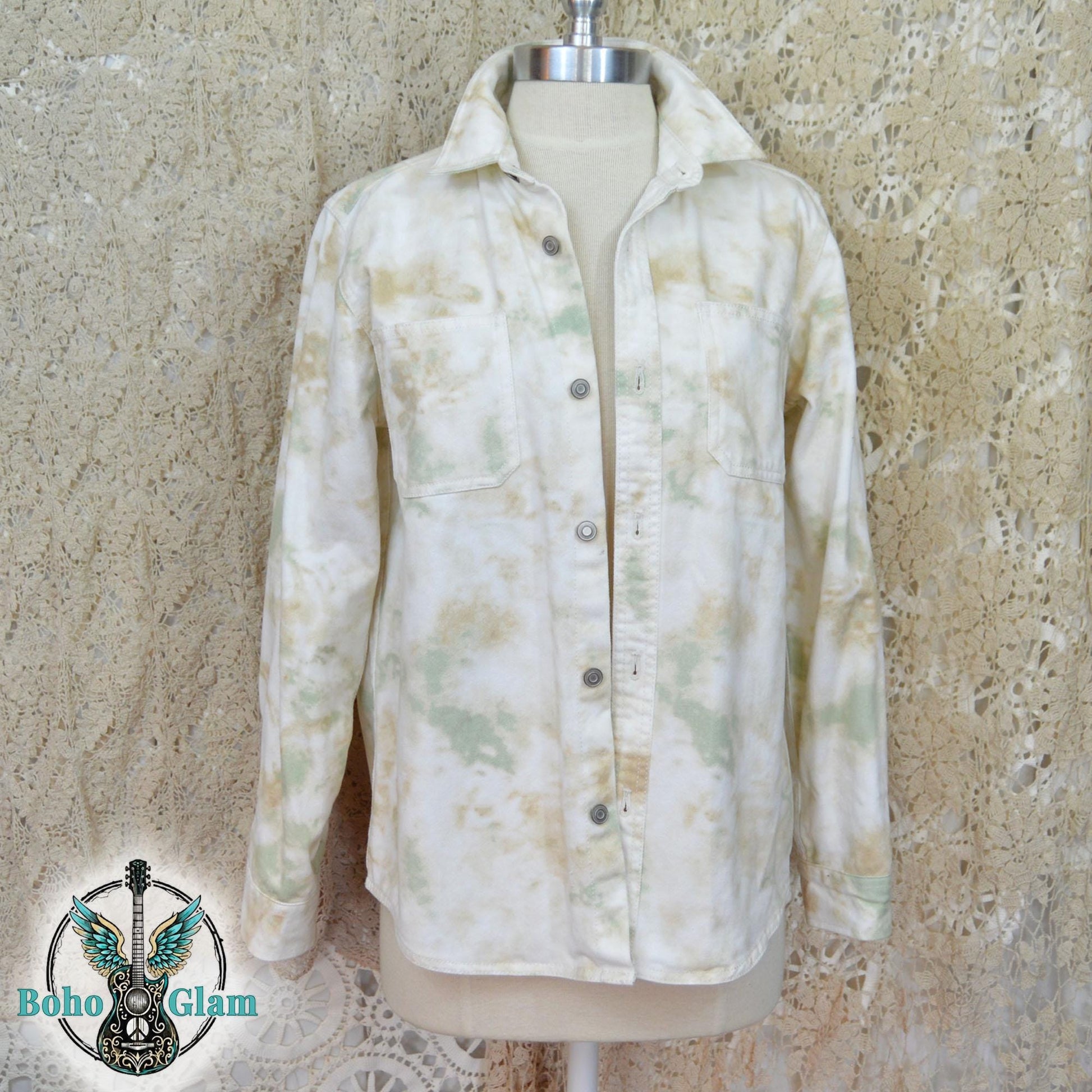 Upcycled Tie Dye Denim Jacket, Watercolor Bird, Lace Appliqué, Boho Festival Wear, Size XL