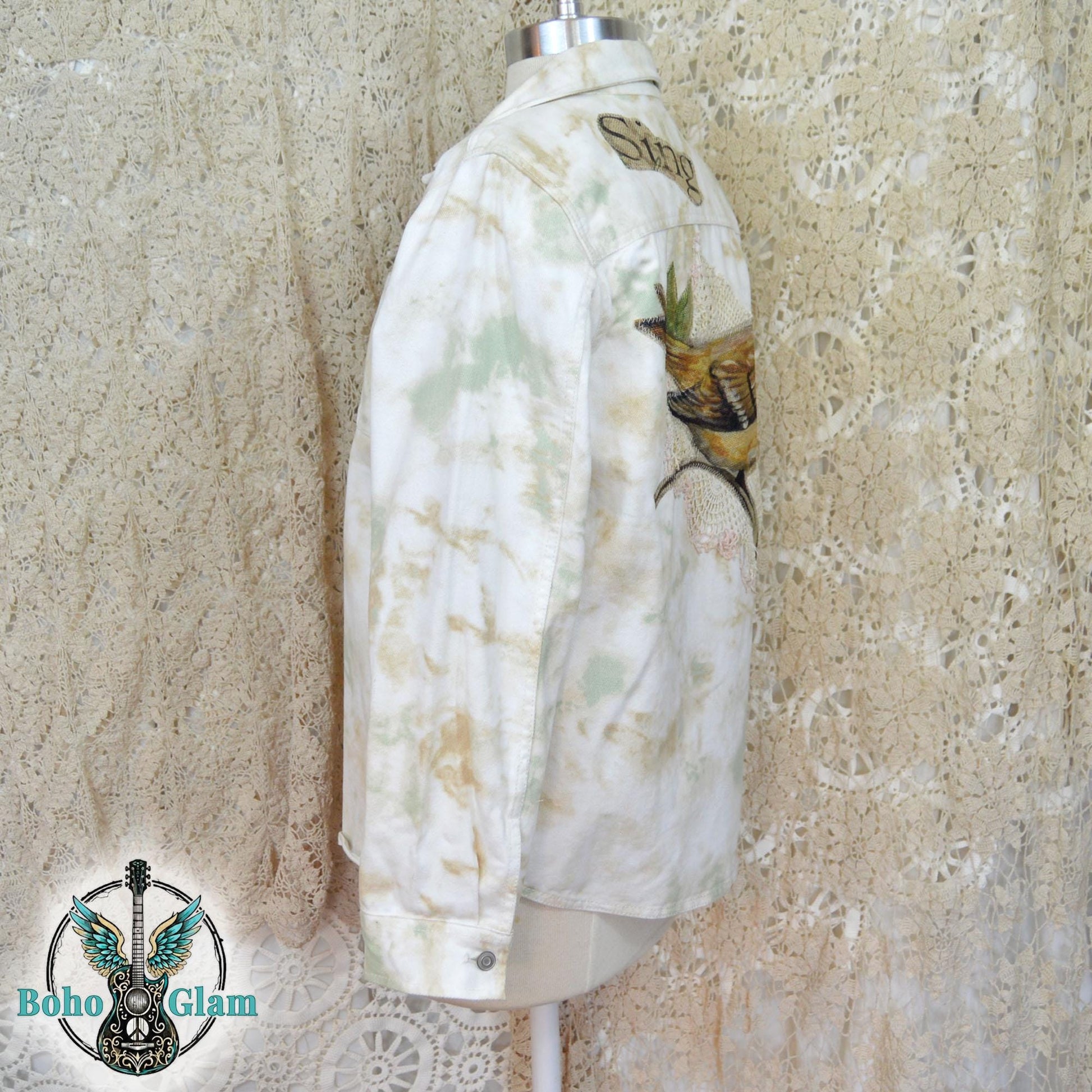 Upcycled Tie Dye Denim Jacket, Watercolor Bird, Lace Appliqué, Boho Festival Wear, Size XL