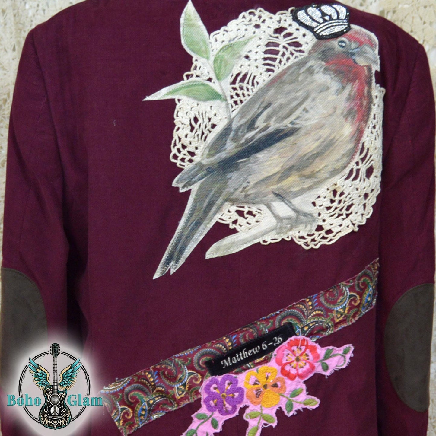 Upcycled Corduroy Blazer, Watercolor Bird Art, Boho Faith Worn Original Jacket, Size L