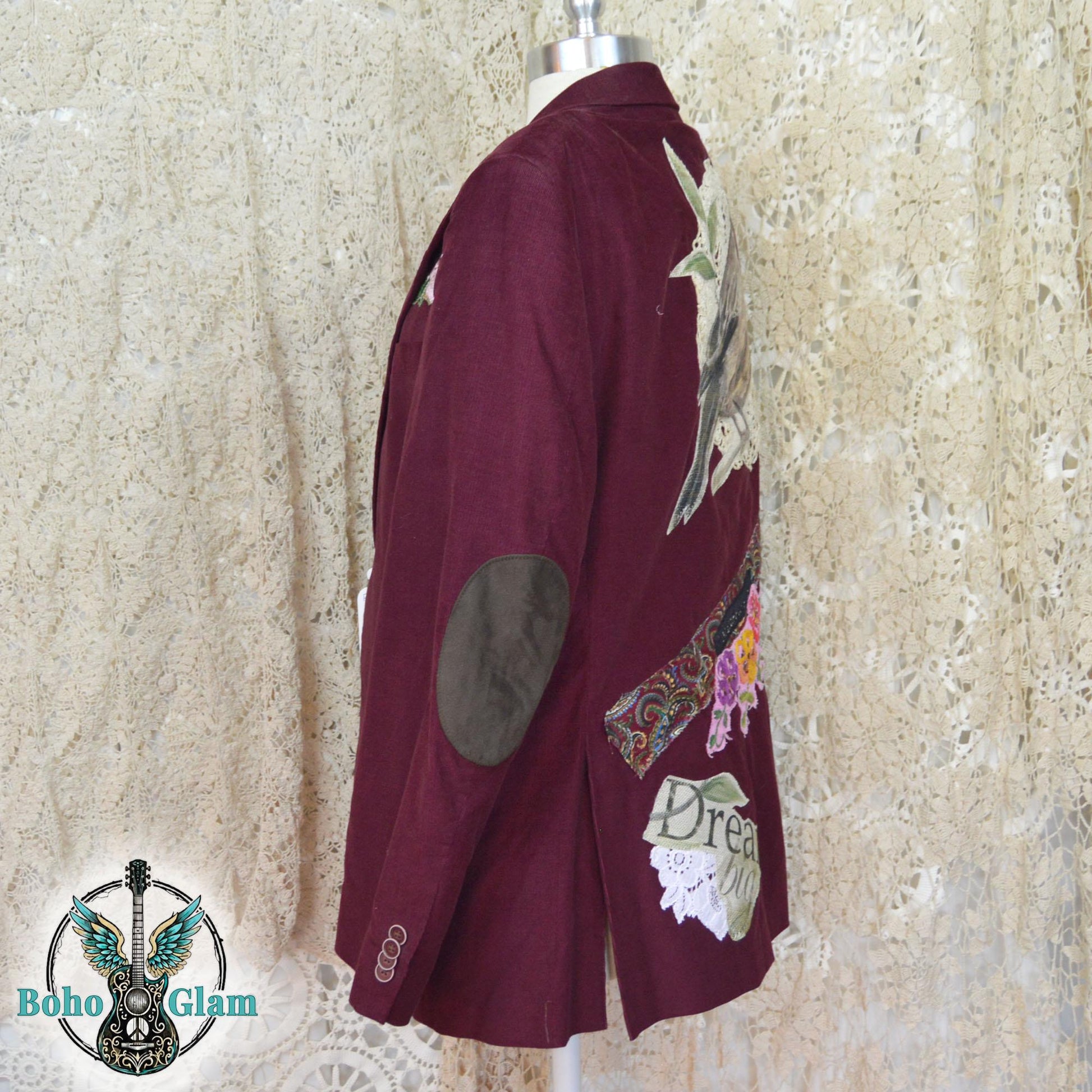 Upcycled Corduroy Blazer, Watercolor Bird Art, Boho Faith Worn Original Jacket, Size L