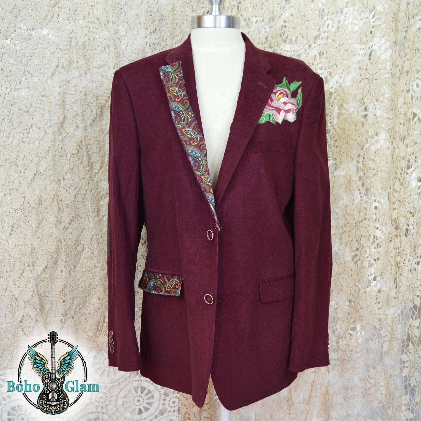 Upcycled Corduroy Blazer, Watercolor Bird Art, Boho Faith Worn Original Jacket, Size L