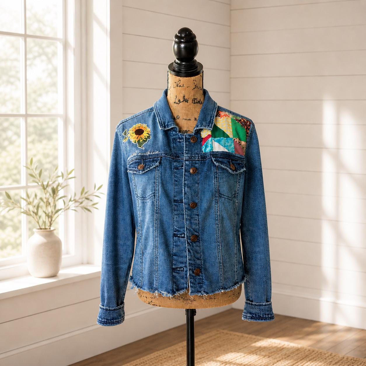 Upcycled Denim Jacket, Sunshine Patchwork, Boho Festival Jean Jacket, XXL