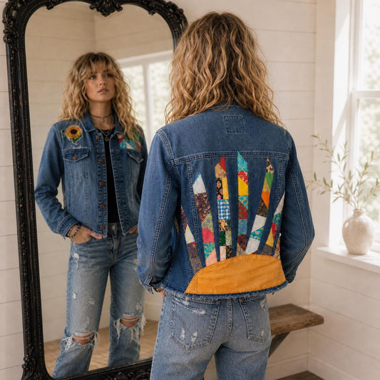 Upcycled Denim Jacket, Sunshine Patchwork, Boho Festival Jean Jacket, XXL