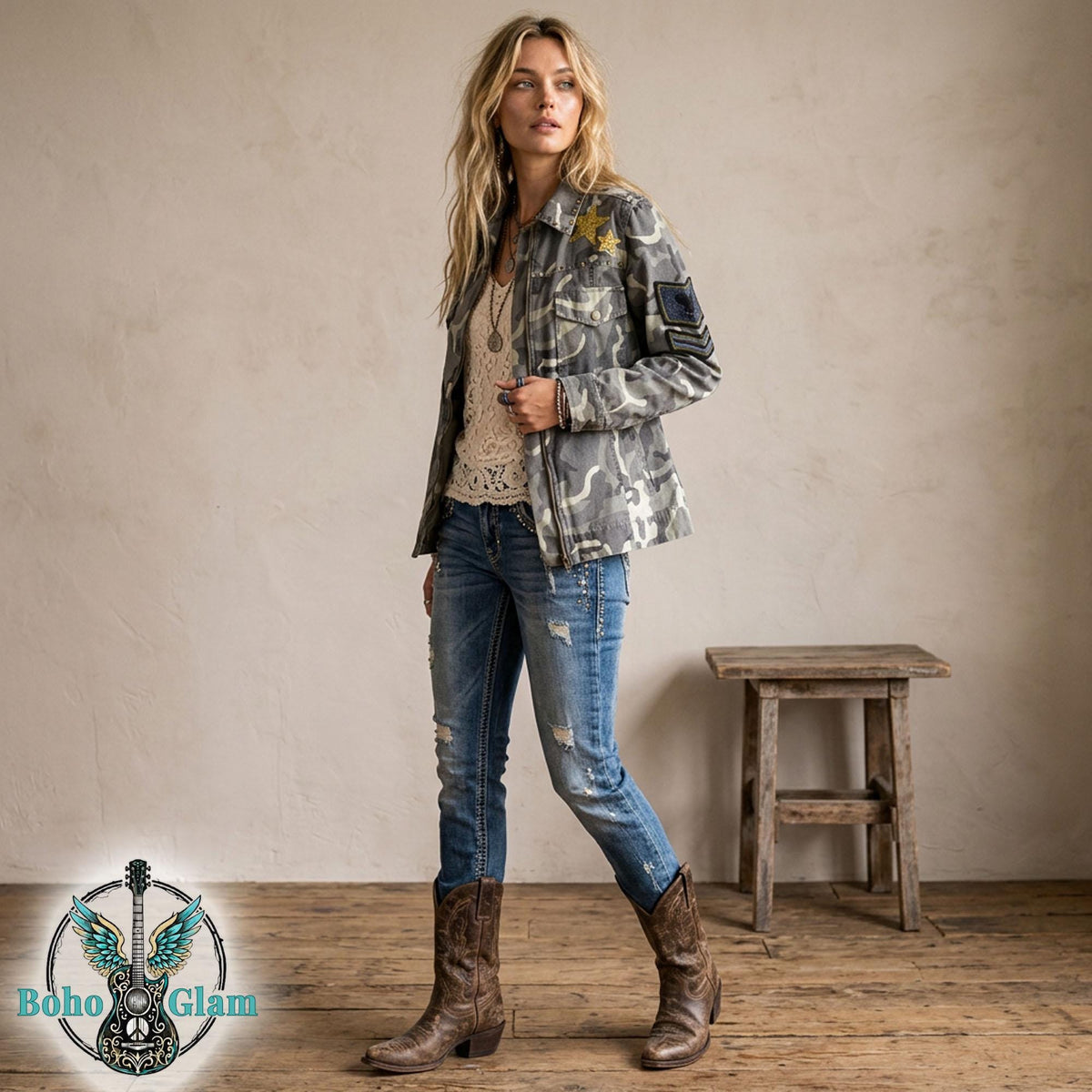 Upcycled Camo Jacket, Quilted American Flag Appliqué, Boho Military Style, Stars & Stories